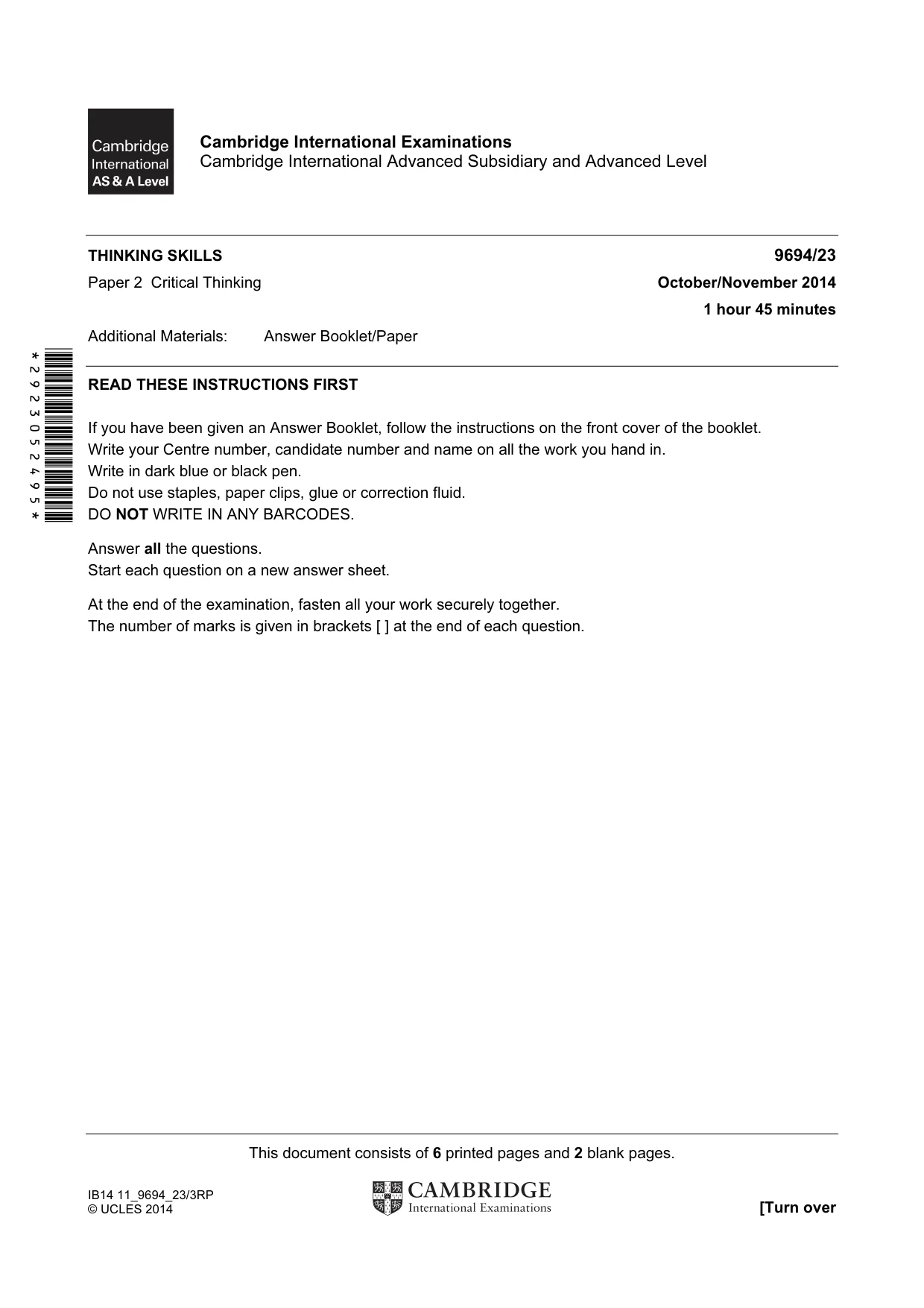 Cambridge A Level Thinking Skills 9694 2014 Oct/Nov Paper 2 · Variant 3 question paper, page 1 of 8