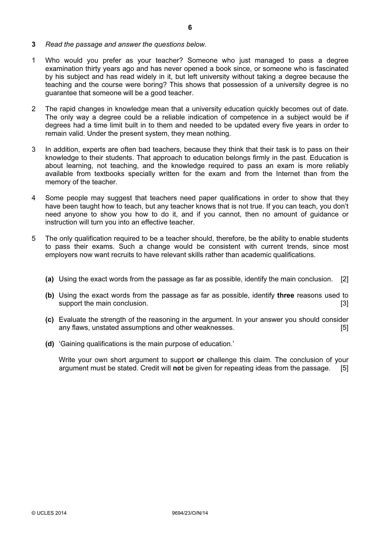 Cambridge A Level Thinking Skills 9694 2014 Oct/Nov Paper 2 · Variant 3 question paper, page 6 of 8