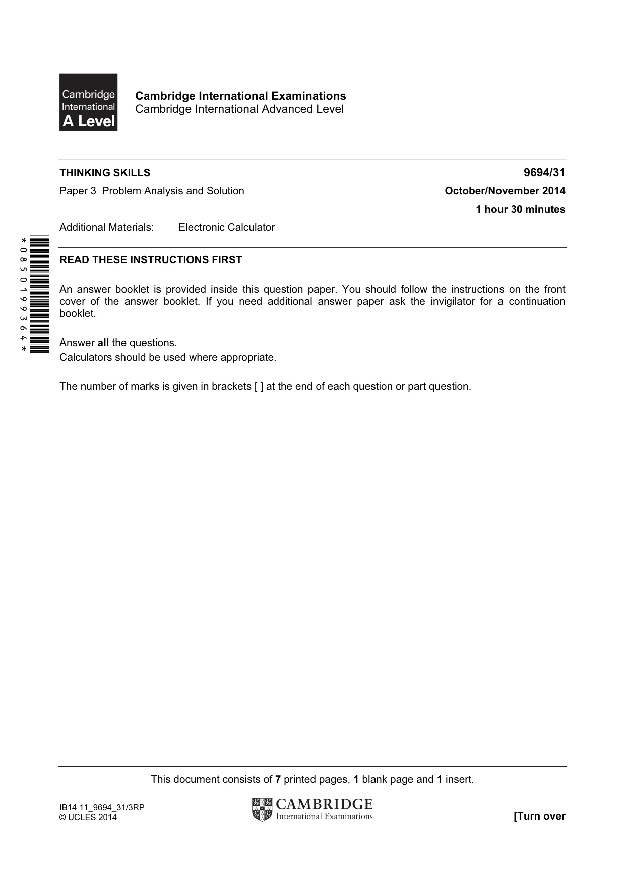 Cambridge A Level Thinking Skills 9694 2014 Oct/Nov Paper 3 · Variant 1 question paper, page 1 of 8