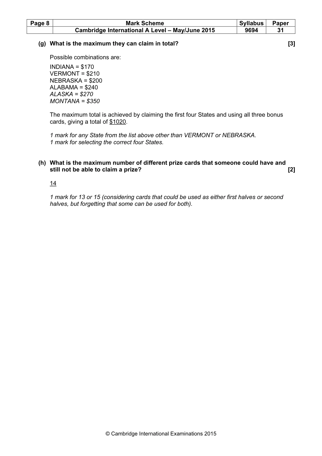 Mark scheme, page 8 of 8