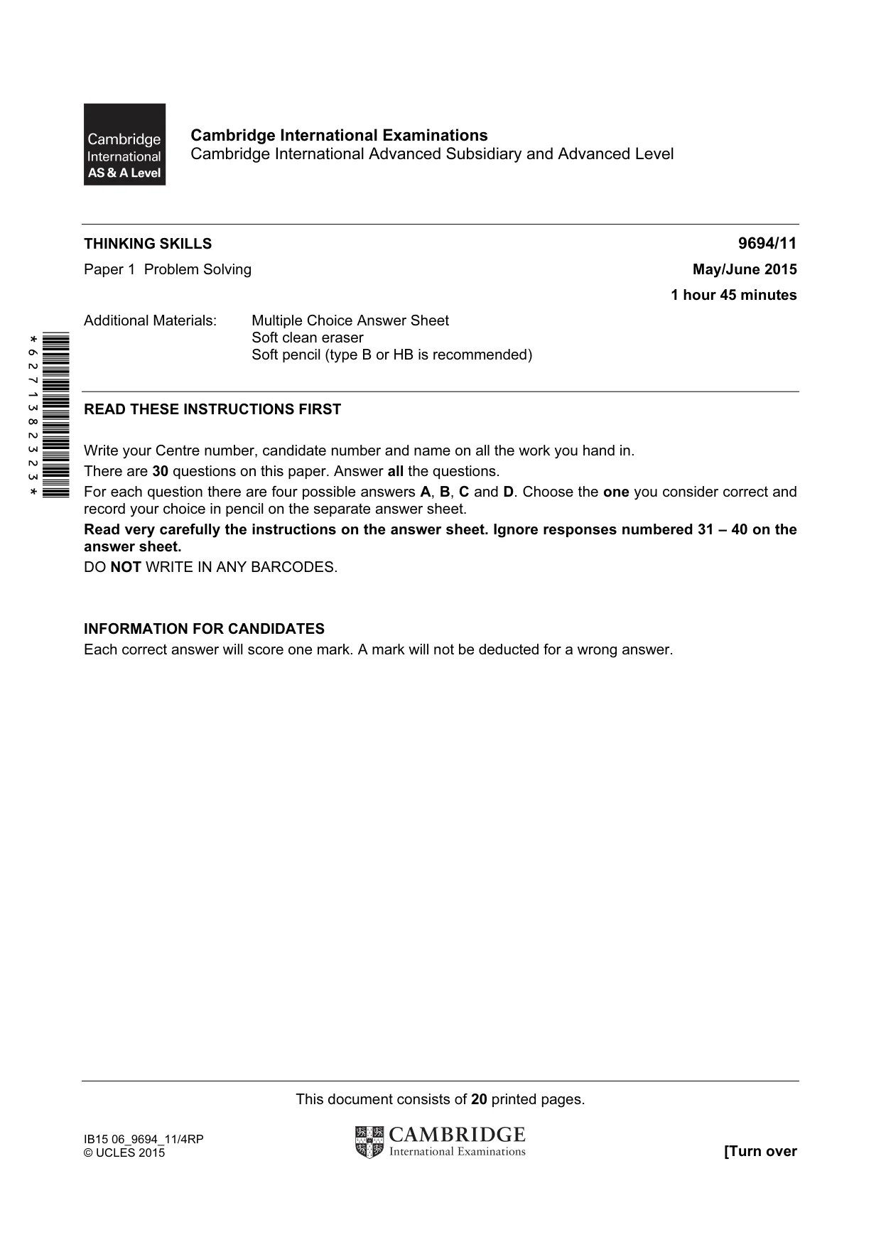 Cambridge A Level Thinking Skills 9694 2015 May/June Paper 1 · Variant 1 question paper, page 1 of 20