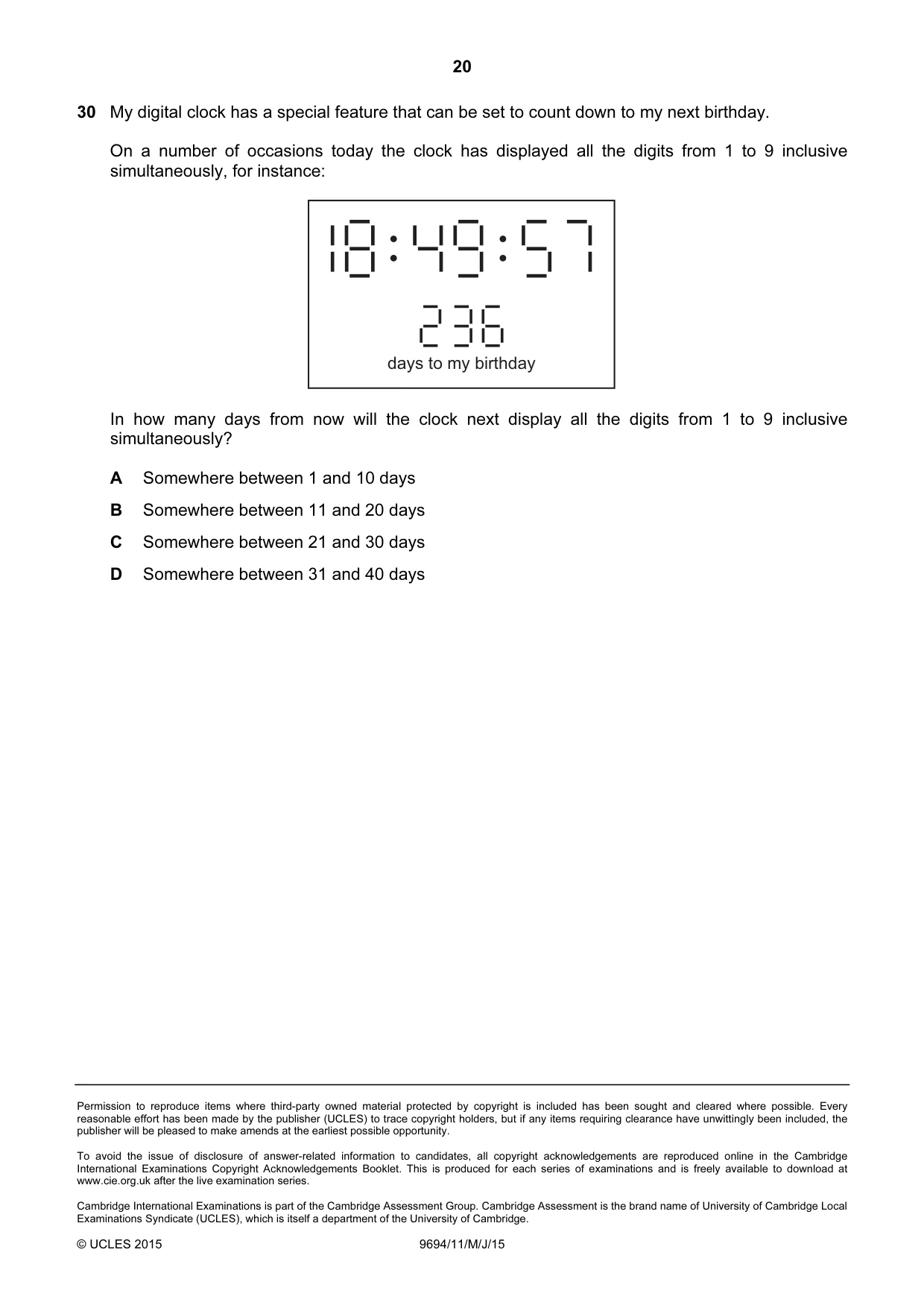 Cambridge A Level Thinking Skills 9694 2015 May/June Paper 1 · Variant 1 question paper, page 20 of 20