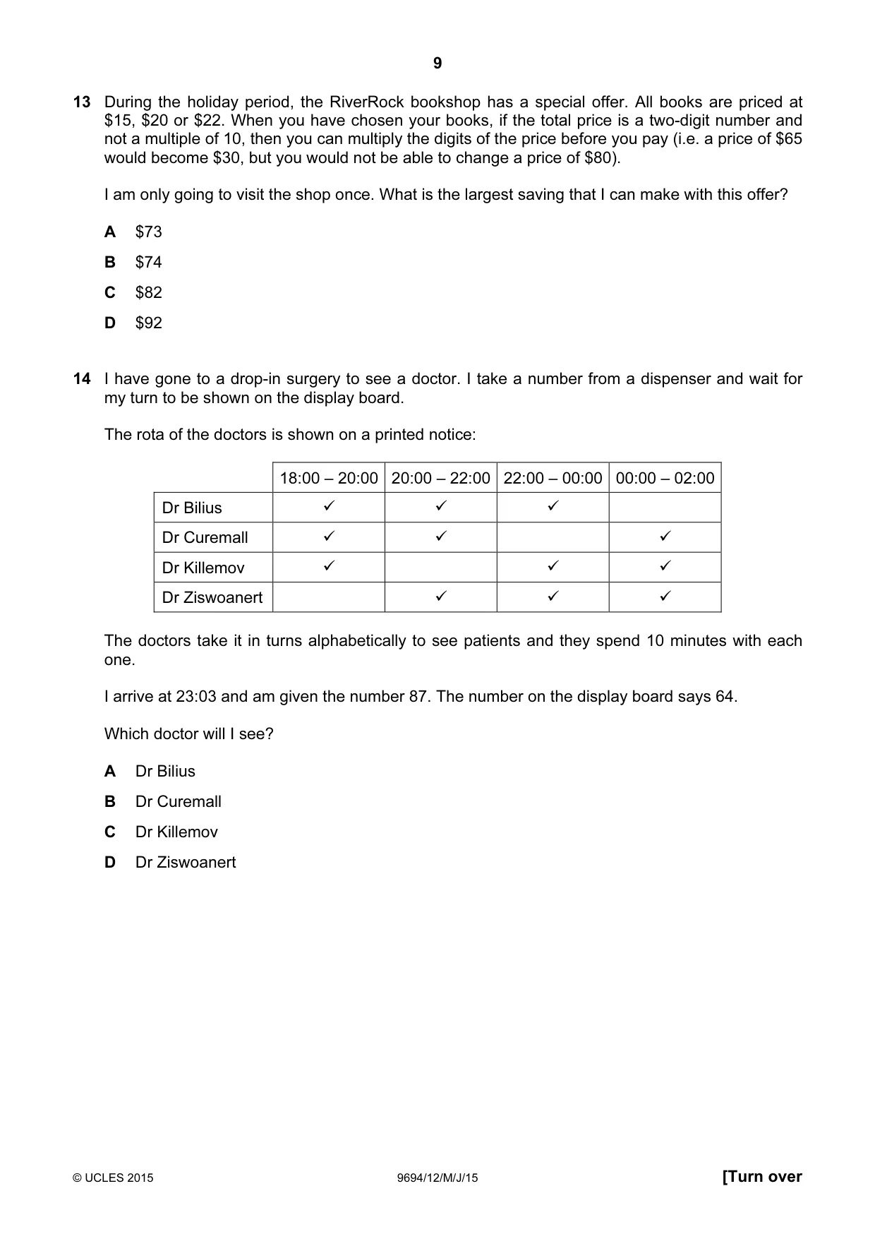 Cambridge A Level Thinking Skills 9694 2015 May/June Paper 1 · Variant 2 question paper, page 9 of 20