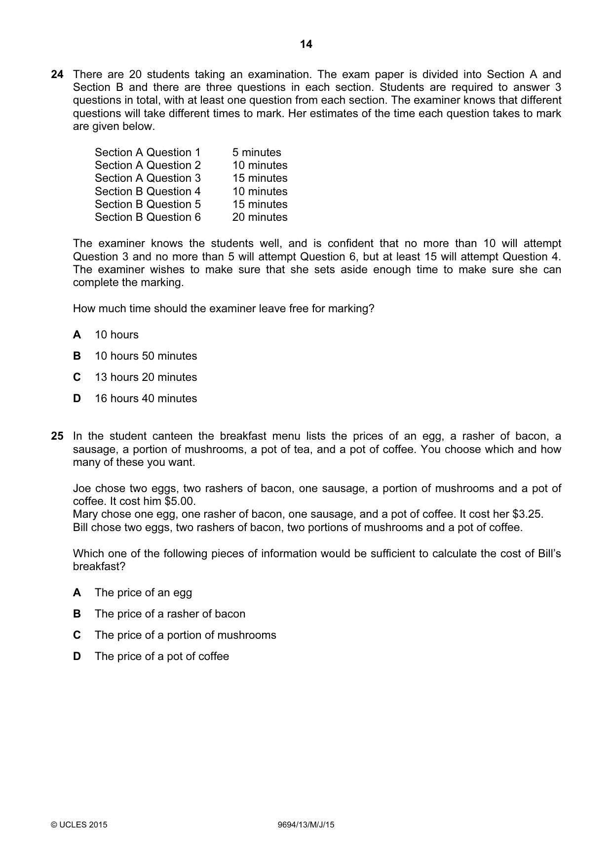 Cambridge A Level Thinking Skills 9694 2015 May/June Paper 1 · Variant 3 question paper, page 14 of 20