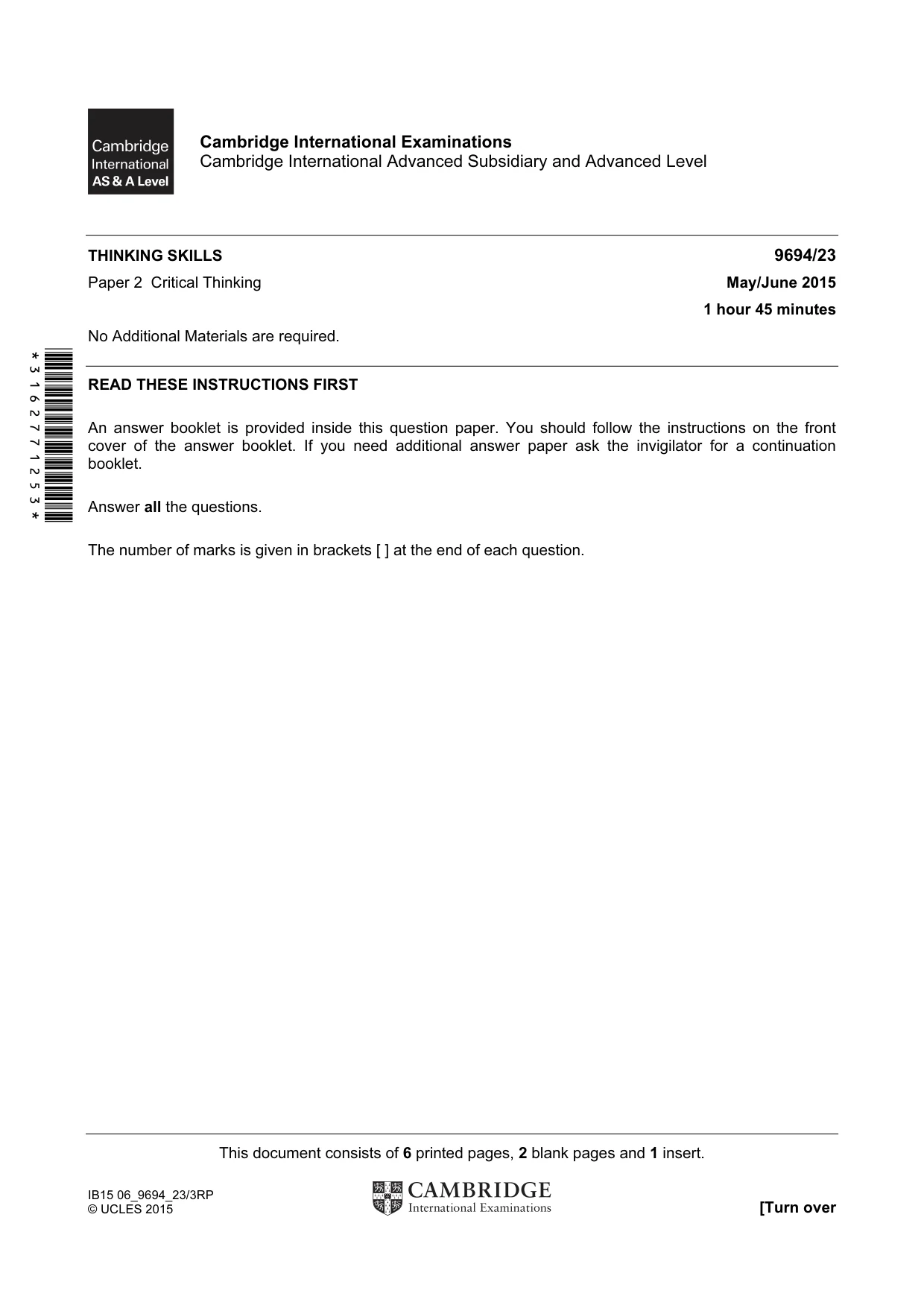 Cambridge A Level Thinking Skills 9694 2015 May/June Paper 2 · Variant 3 question paper, page 1 of 8