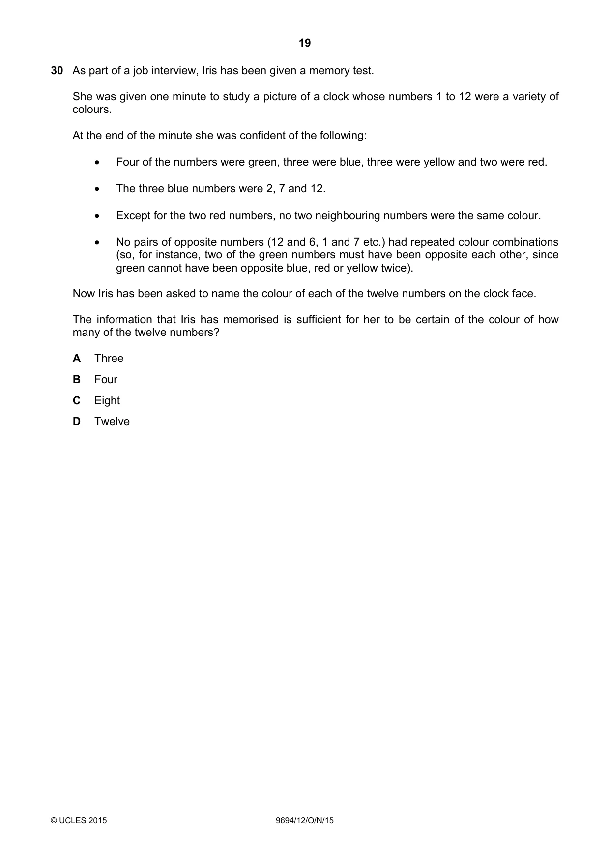 Cambridge A Level Thinking Skills 9694 2015 Oct/Nov Paper 1 · Variant 2 question paper, page 19 of 20