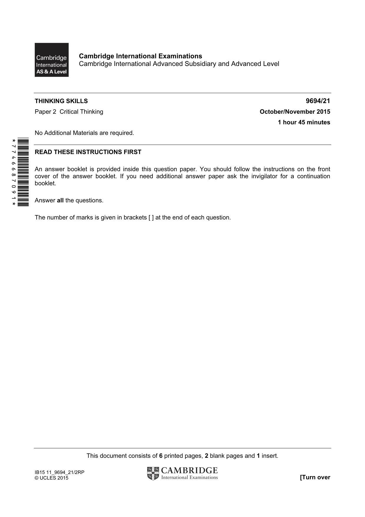 Cambridge A Level Thinking Skills 9694 2015 Oct/Nov Paper 2 · Variant 1 question paper, page 1 of 8