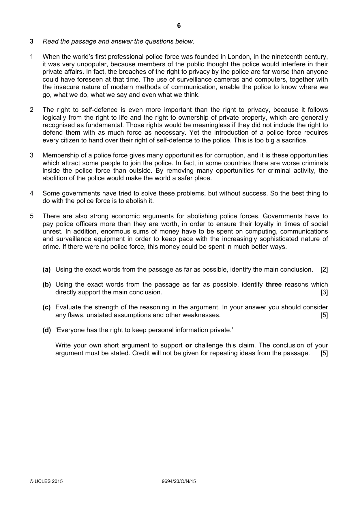 Cambridge A Level Thinking Skills 9694 2015 Oct/Nov Paper 2 · Variant 3 question paper, page 6 of 8
