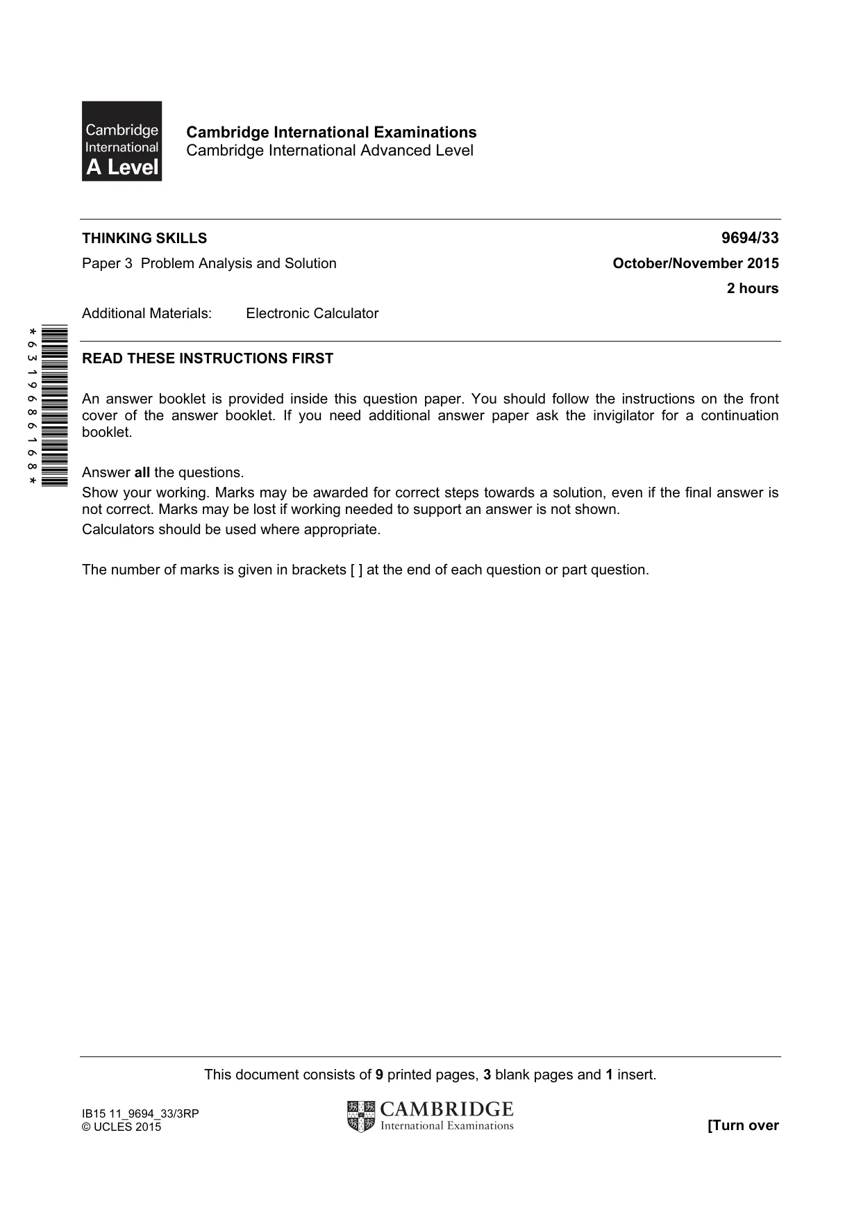 Cambridge A Level Thinking Skills 9694 2015 Oct/Nov Paper 3 · Variant 3 question paper, page 1 of 12