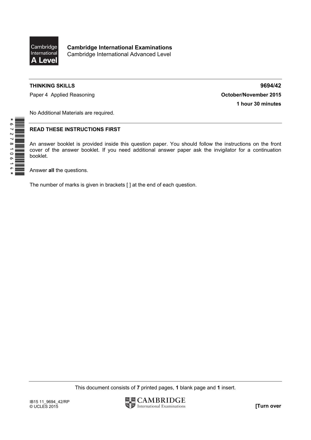 Cambridge A Level Thinking Skills 9694 2015 Oct/Nov Paper 4 · Variant 2 question paper, page 1 of 8