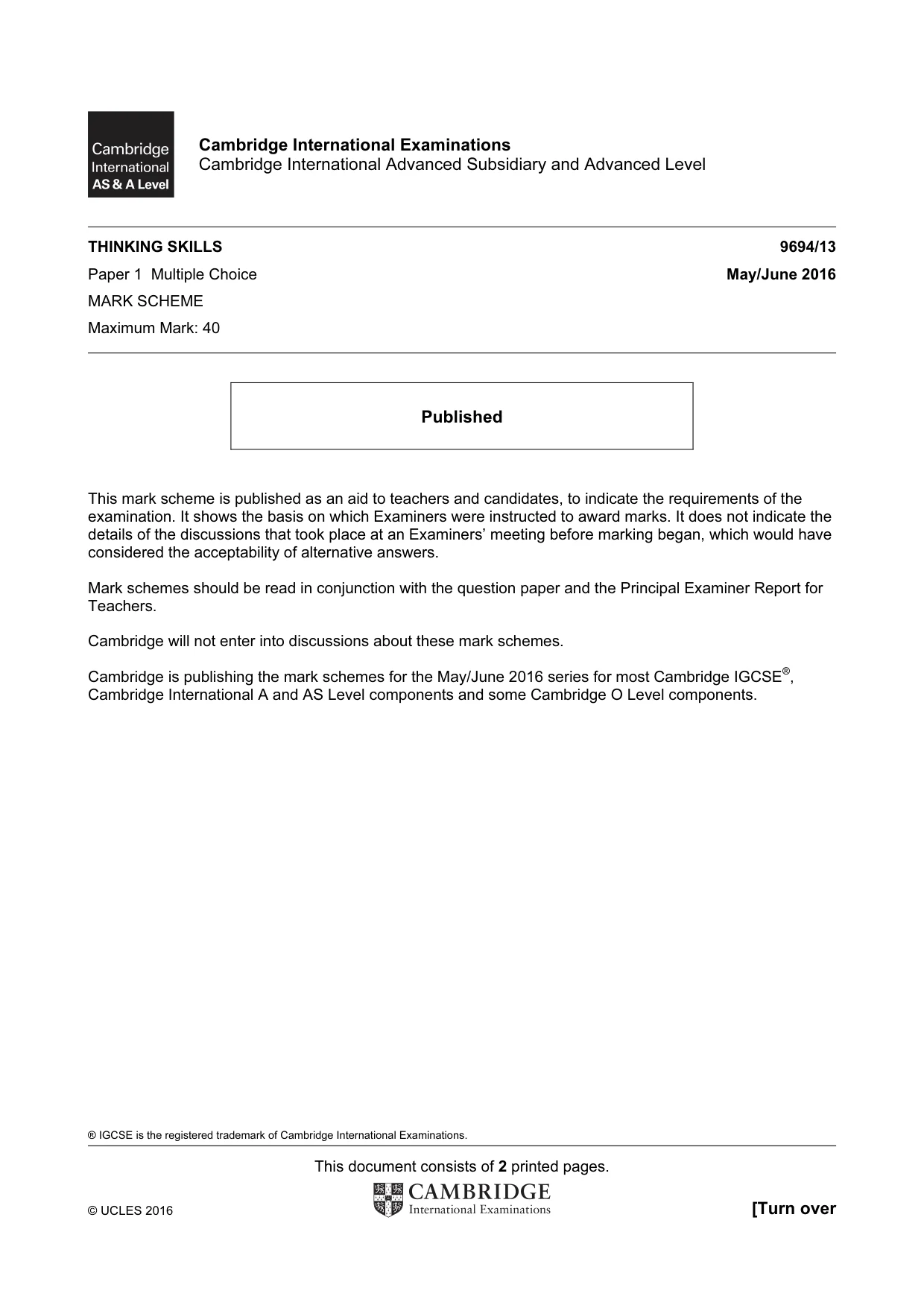 Mark scheme, page 1 of 2