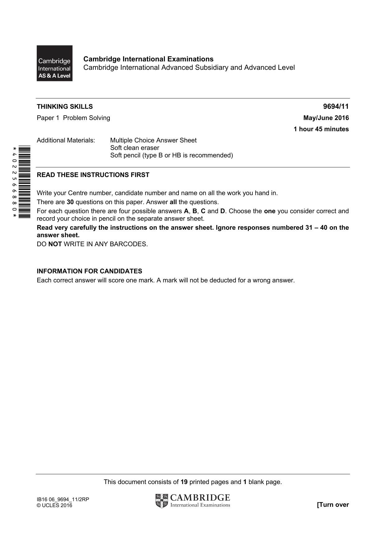Cambridge A Level Thinking Skills 9694 2016 May/June Paper 1 · Variant 1 question paper, page 1 of 20