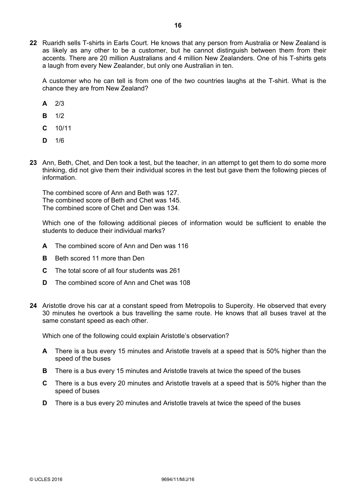 Cambridge A Level Thinking Skills 9694 2016 May/June Paper 1 · Variant 1 question paper, page 16 of 20