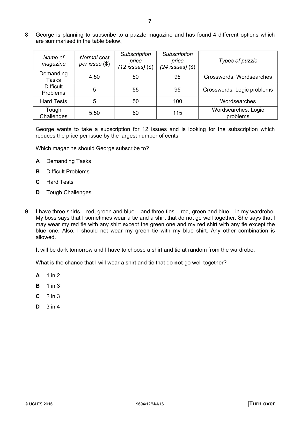 Cambridge A Level Thinking Skills 9694 2016 May/June Paper 1 · Variant 2 question paper, page 7 of 20