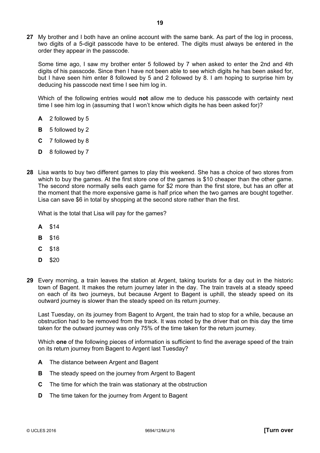 Cambridge A Level Thinking Skills 9694 2016 May/June Paper 1 · Variant 2 question paper, page 19 of 20