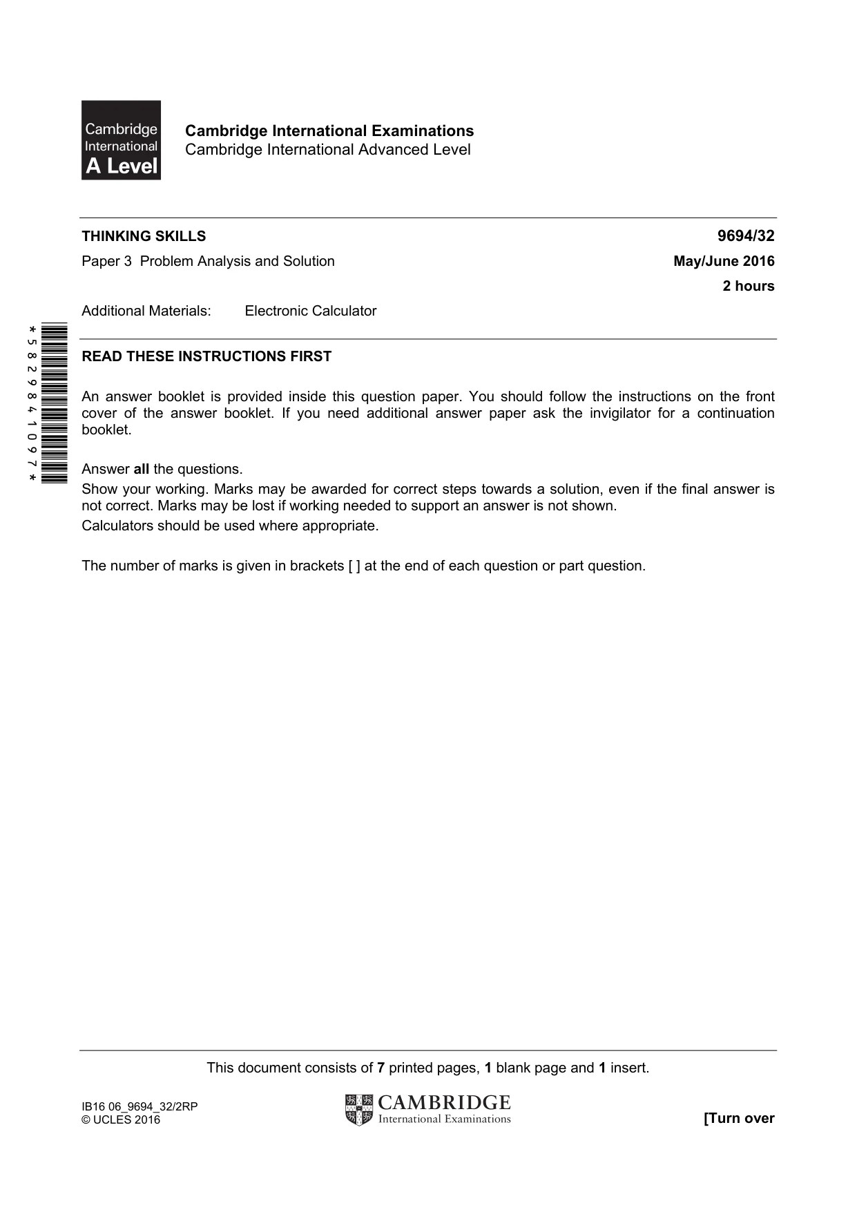 Cambridge A Level Thinking Skills 9694 2016 May/June Paper 3 · Variant 2 question paper, page 1 of 8