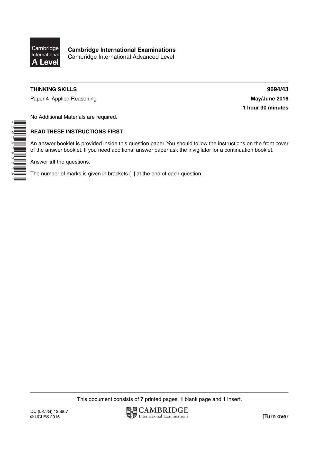 Cambridge A Level Thinking Skills 9694 2016 May/June Paper 4 · Variant 3 question paper, page 1 of 8