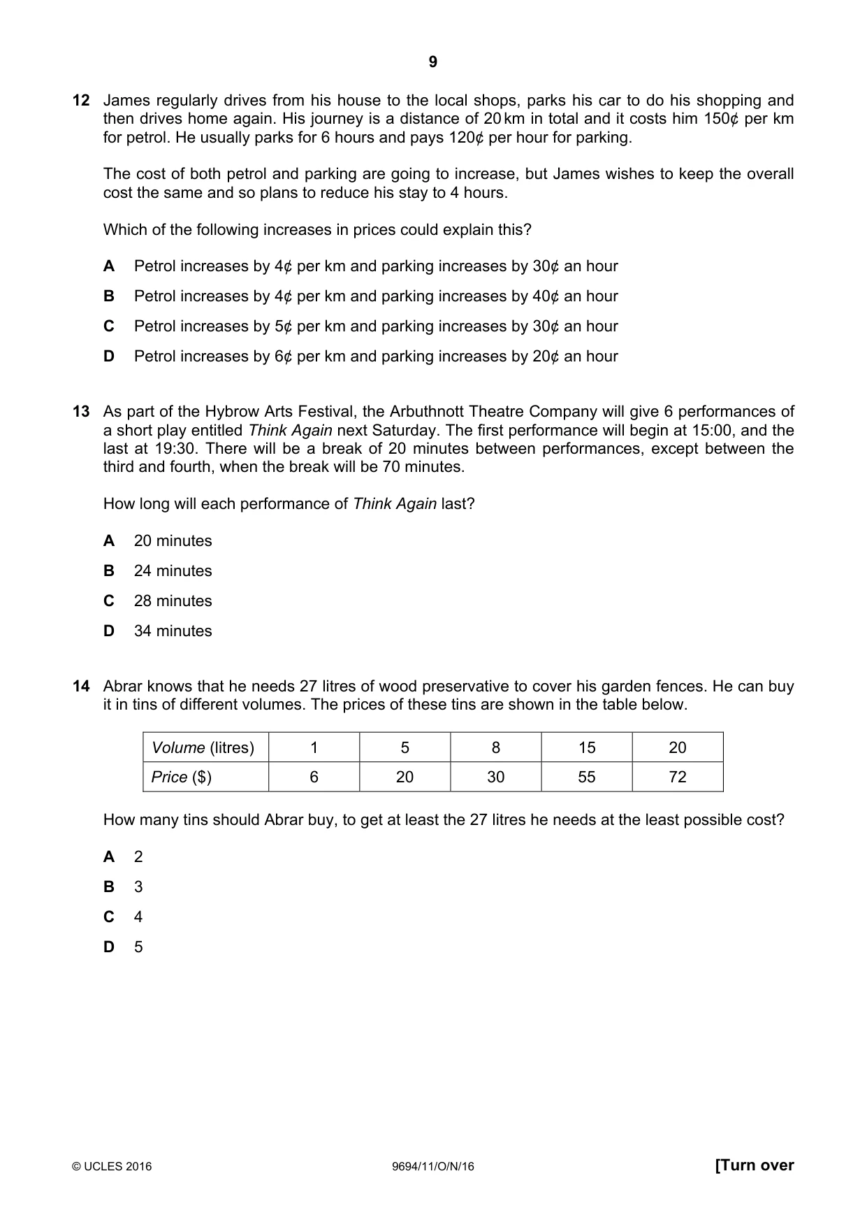 Cambridge A Level Thinking Skills 9694 2016 Oct/Nov Paper 1 · Variant 1 question paper, page 9 of 20