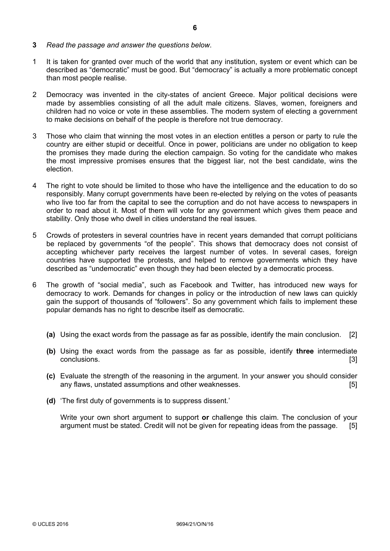 Cambridge A Level Thinking Skills 9694 2016 Oct/Nov Paper 2 · Variant 1 question paper, page 6 of 8