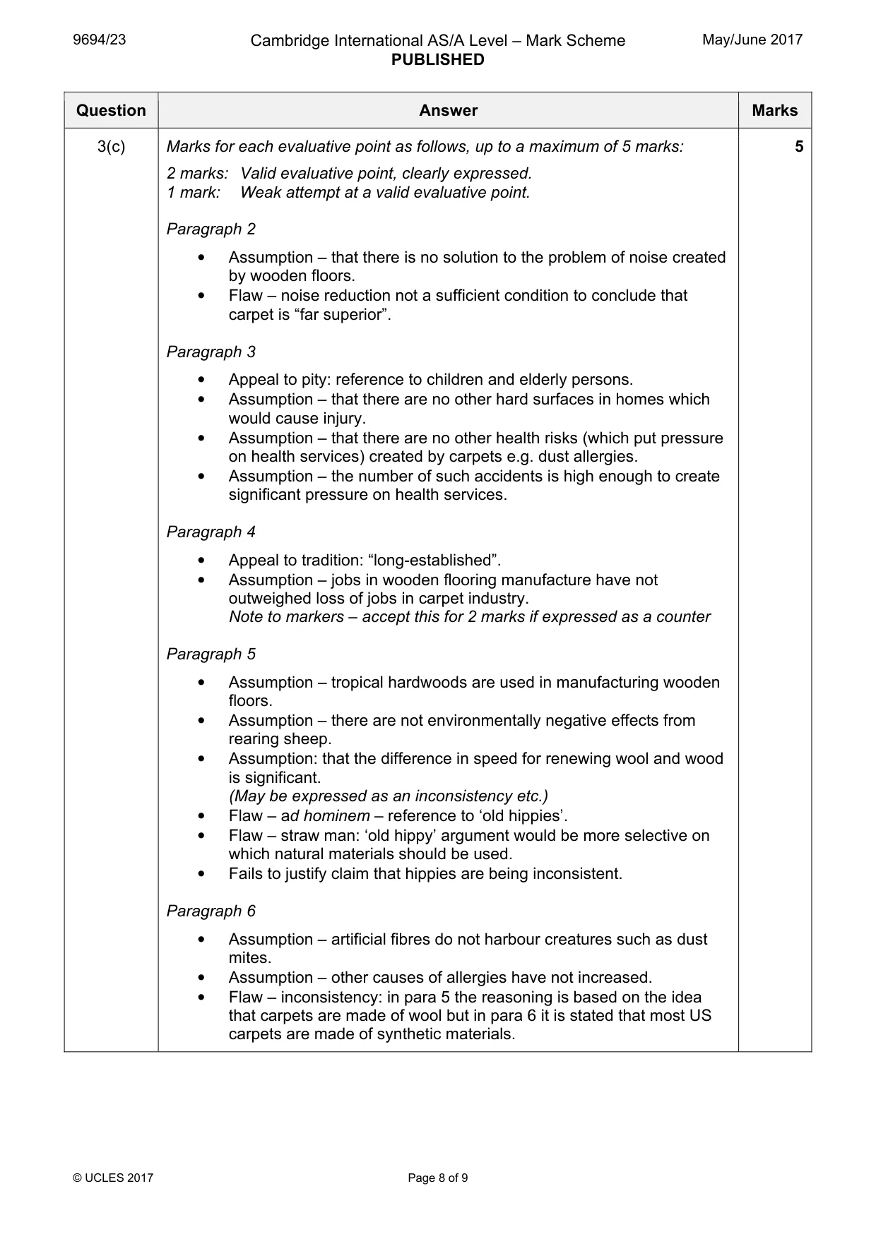 Mark scheme, page 8 of 9