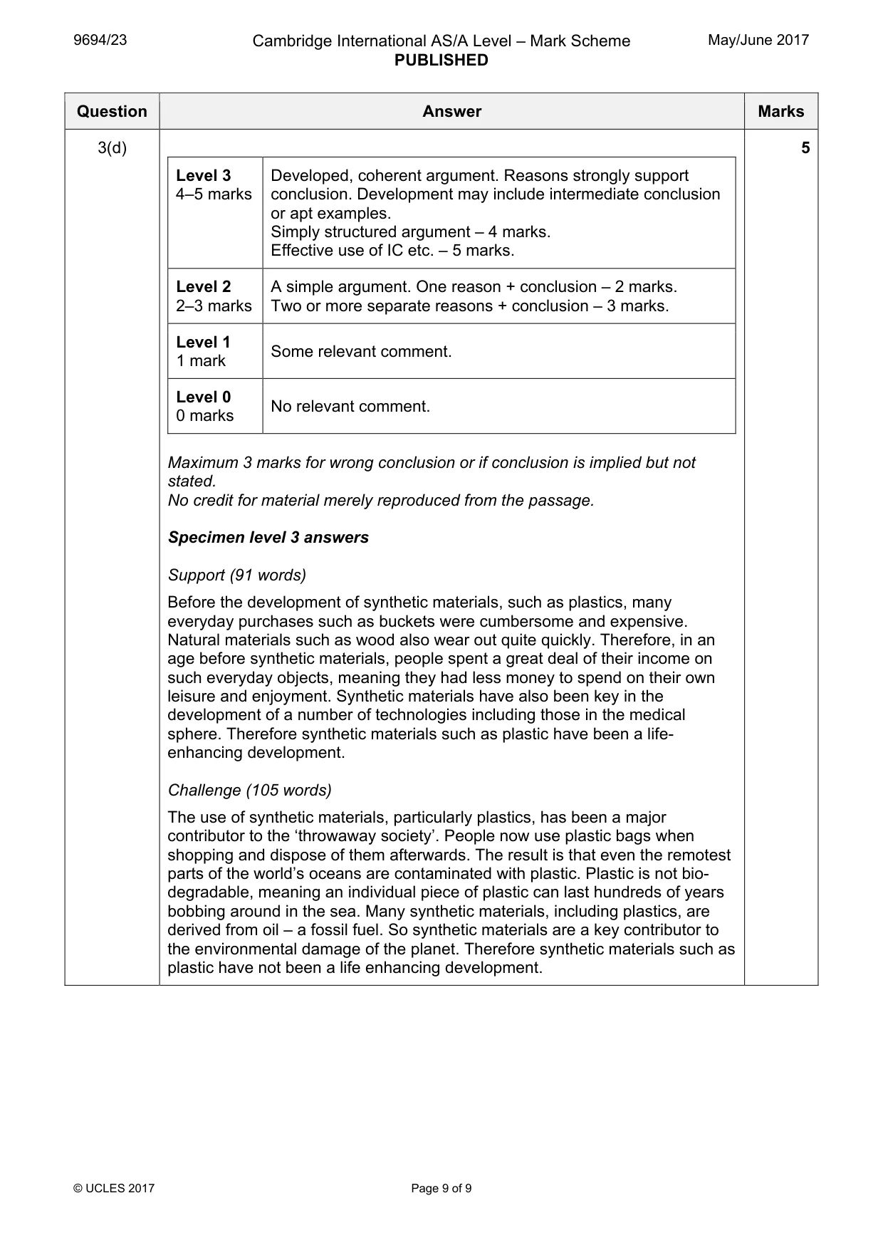 Mark scheme, page 9 of 9