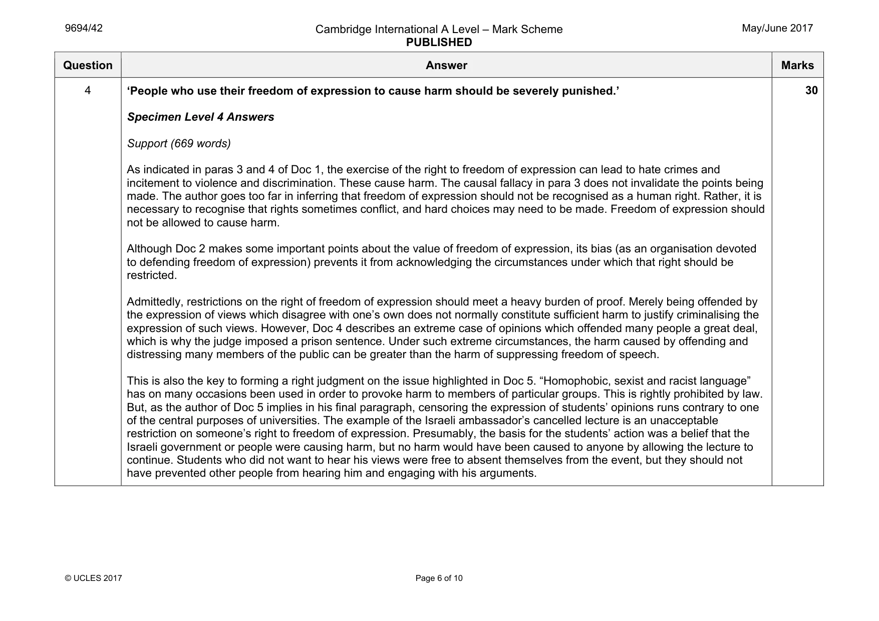 Mark scheme, page 6 of 10