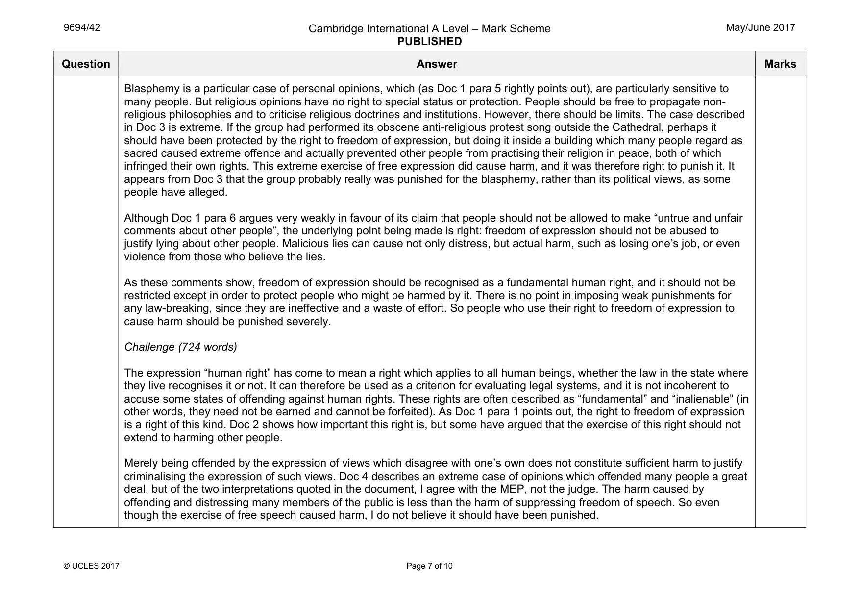 Mark scheme, page 7 of 10