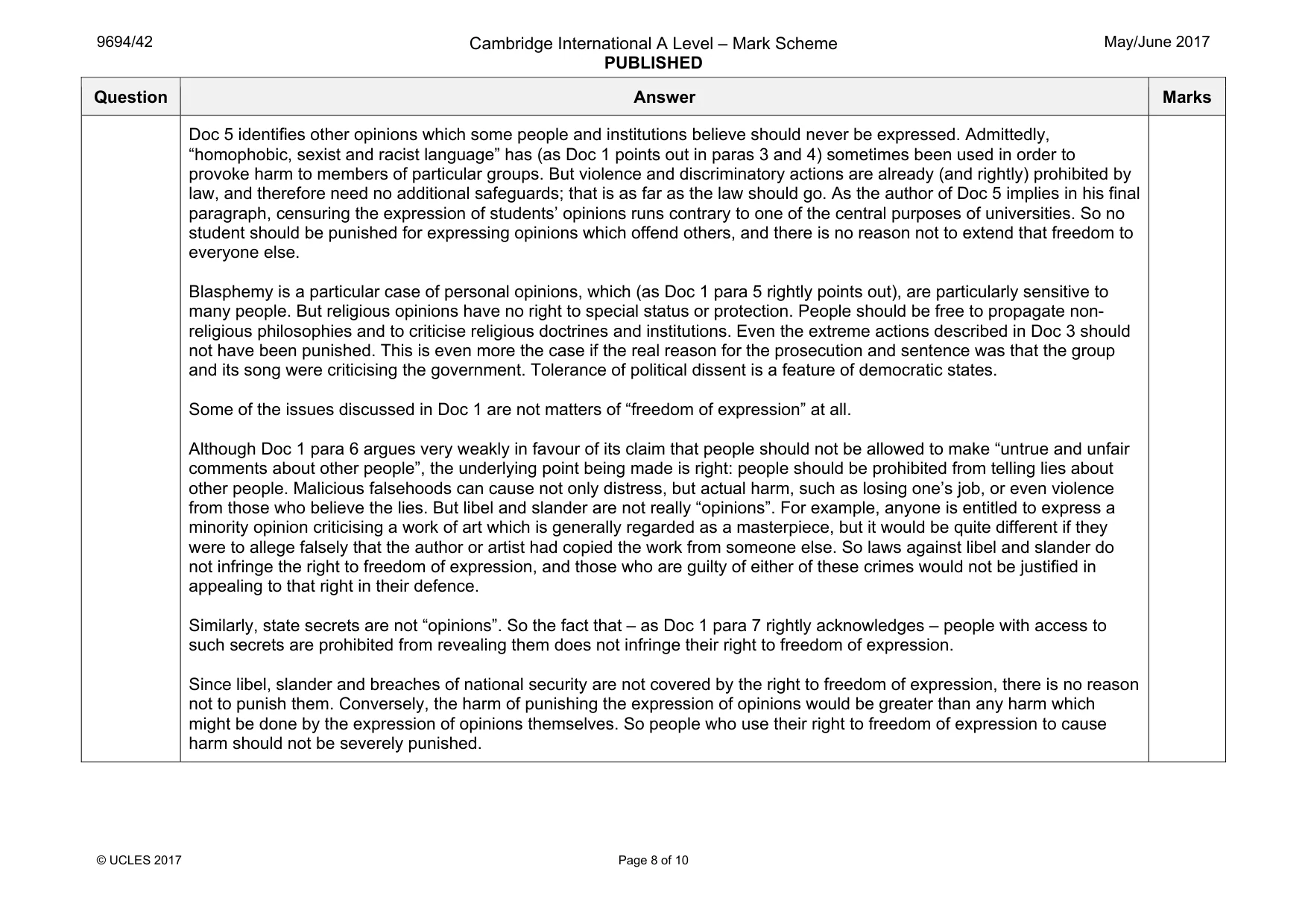 Mark scheme, page 8 of 10