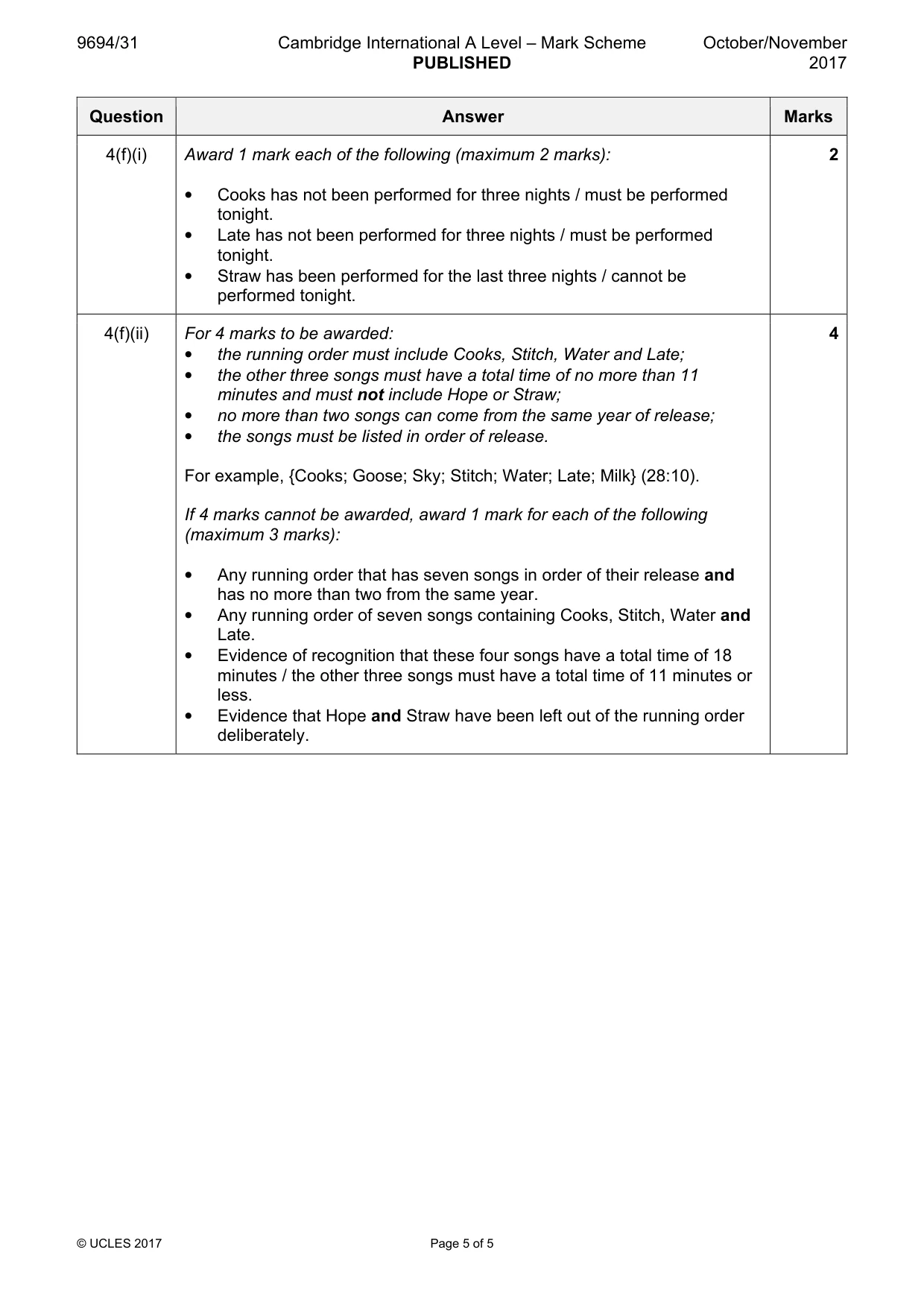 Mark scheme, page 5 of 5