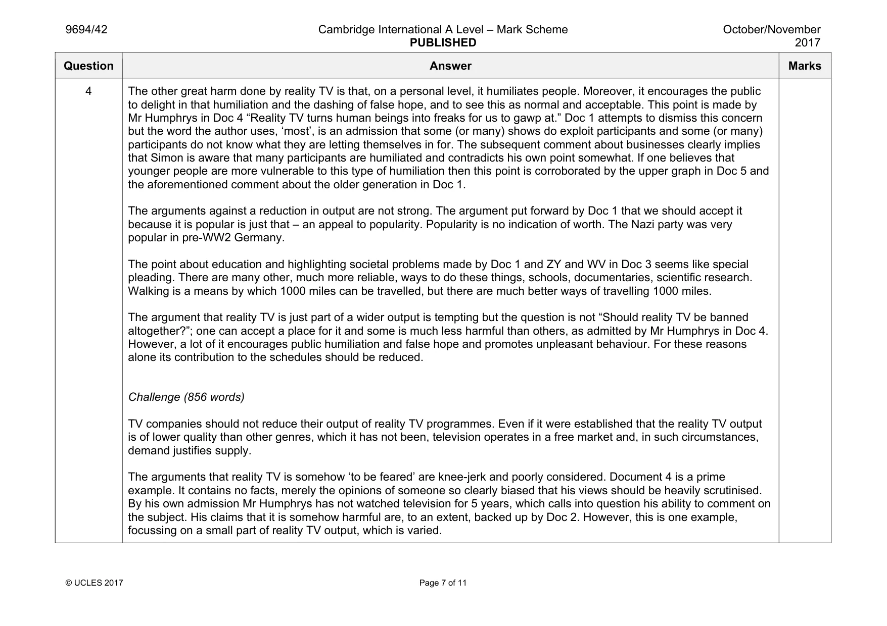 Mark scheme, page 7 of 11