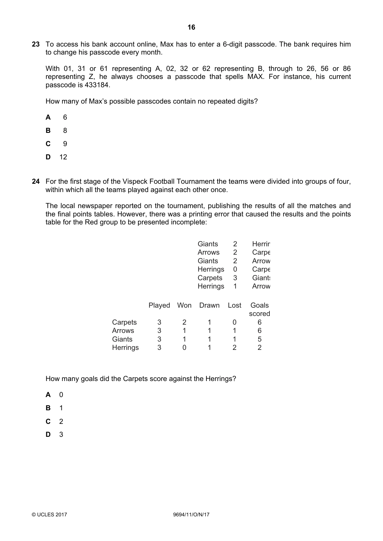 Cambridge A Level Thinking Skills 9694 2017 Oct/Nov Paper 1 · Variant 1 question paper, page 16 of 20