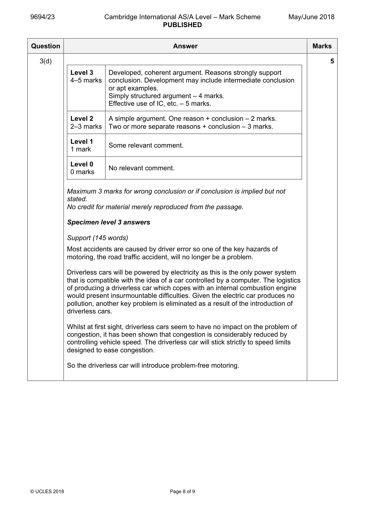 Mark scheme, page 8 of 9