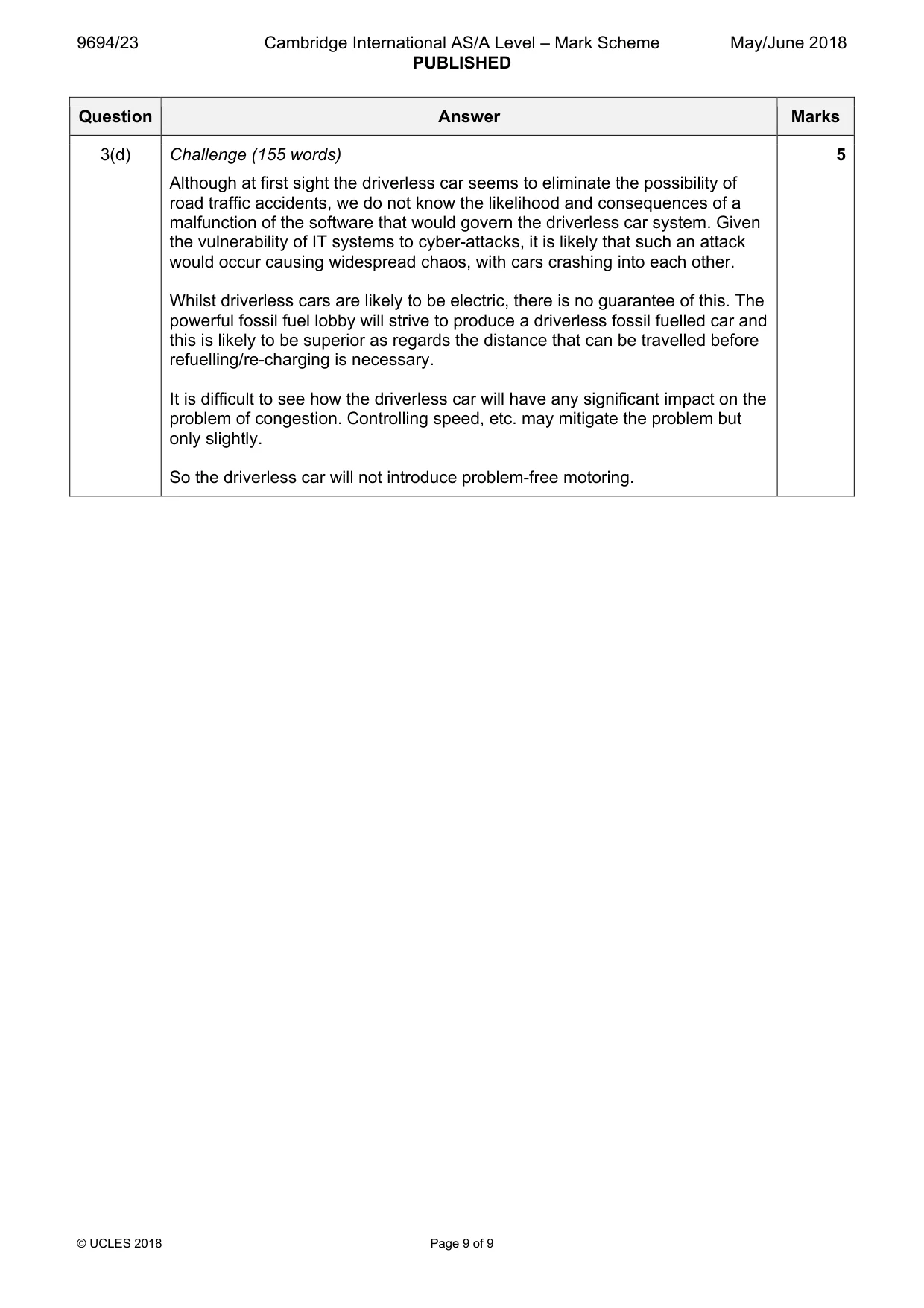 Mark scheme, page 9 of 9