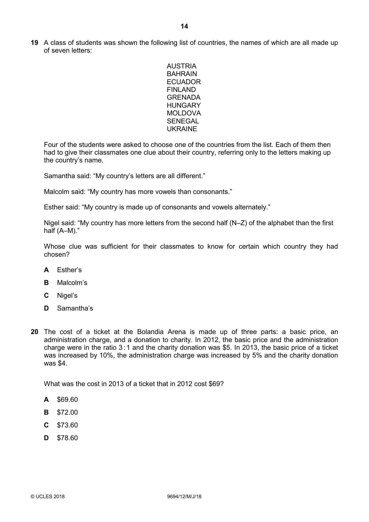 Cambridge A Level Thinking Skills 9694 2018 May/June Paper 1 · Variant 2 question paper, page 14 of 20