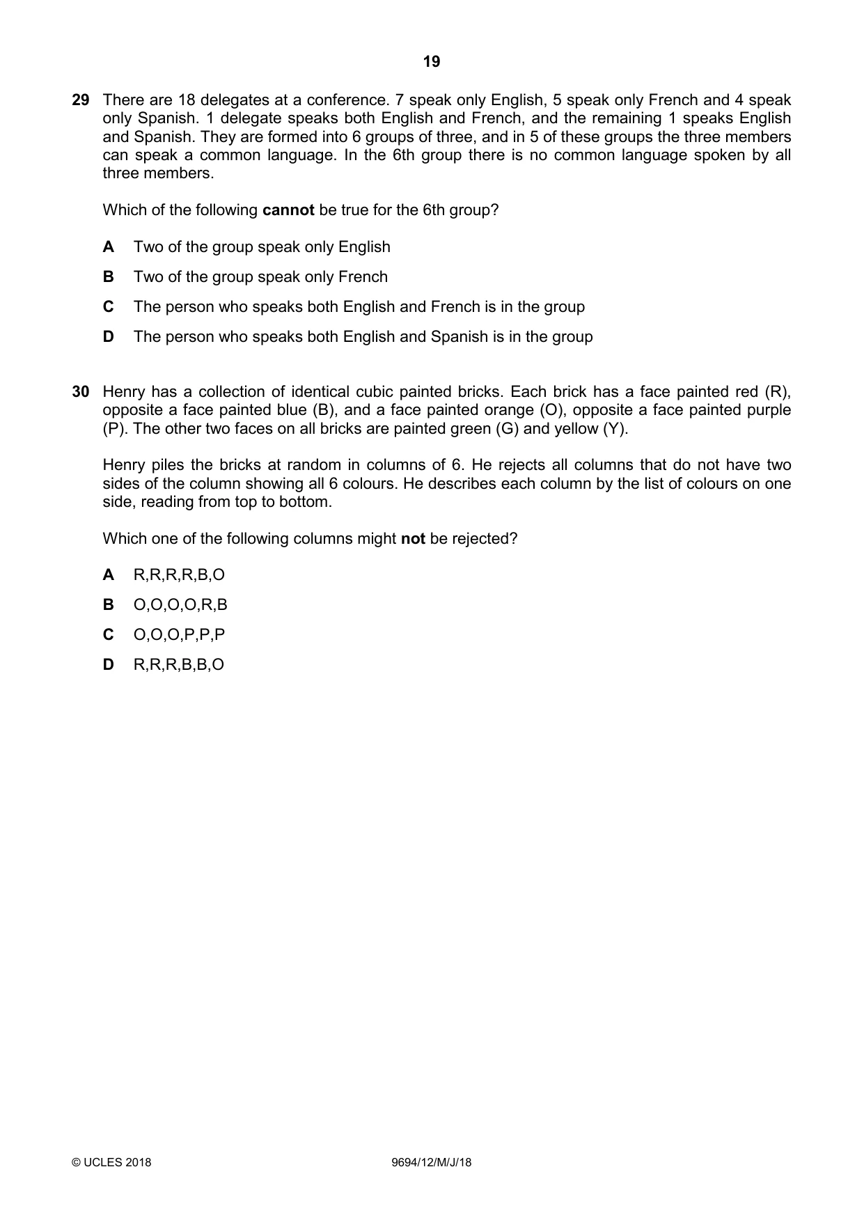 Cambridge A Level Thinking Skills 9694 2018 May/June Paper 1 · Variant 2 question paper, page 19 of 20