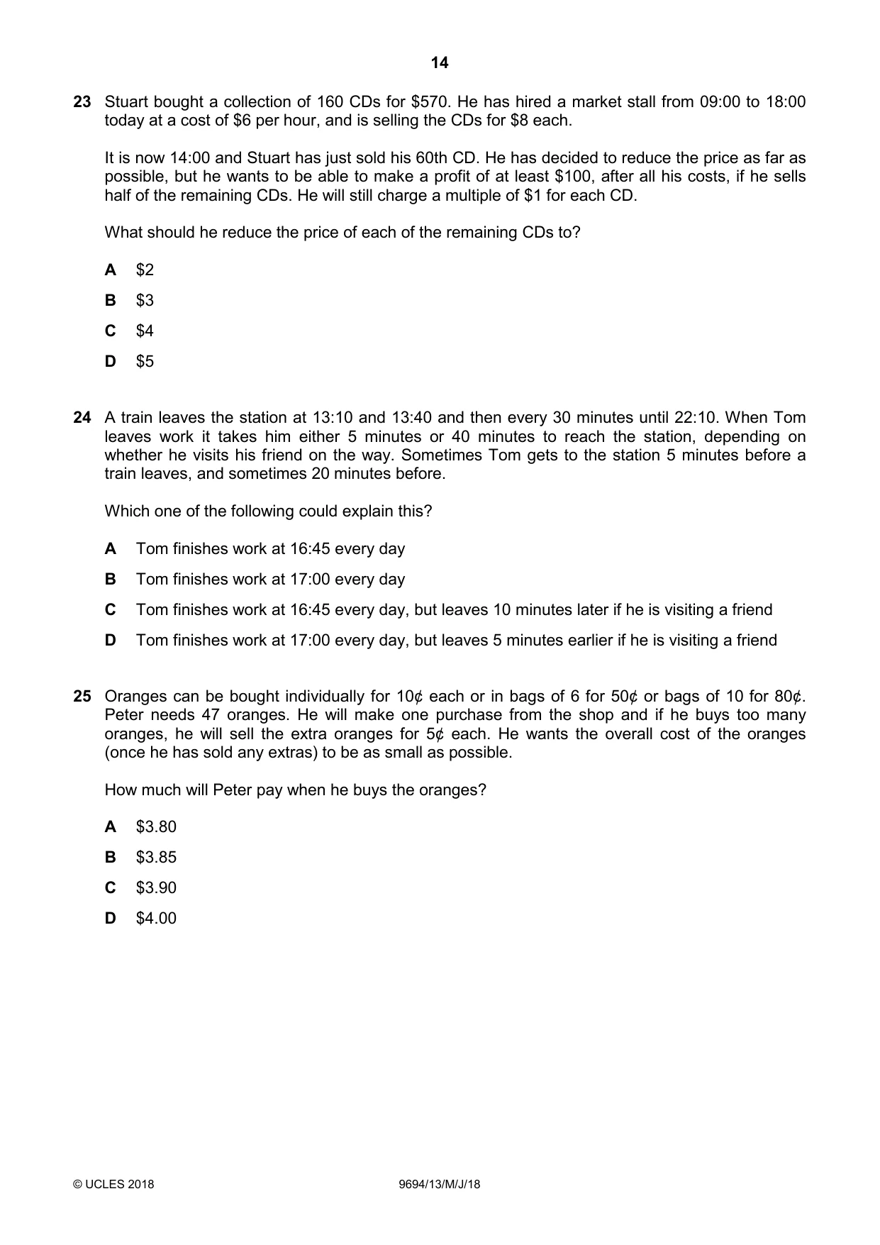 Cambridge A Level Thinking Skills 9694 2018 May/June Paper 1 · Variant 3 question paper, page 14 of 16