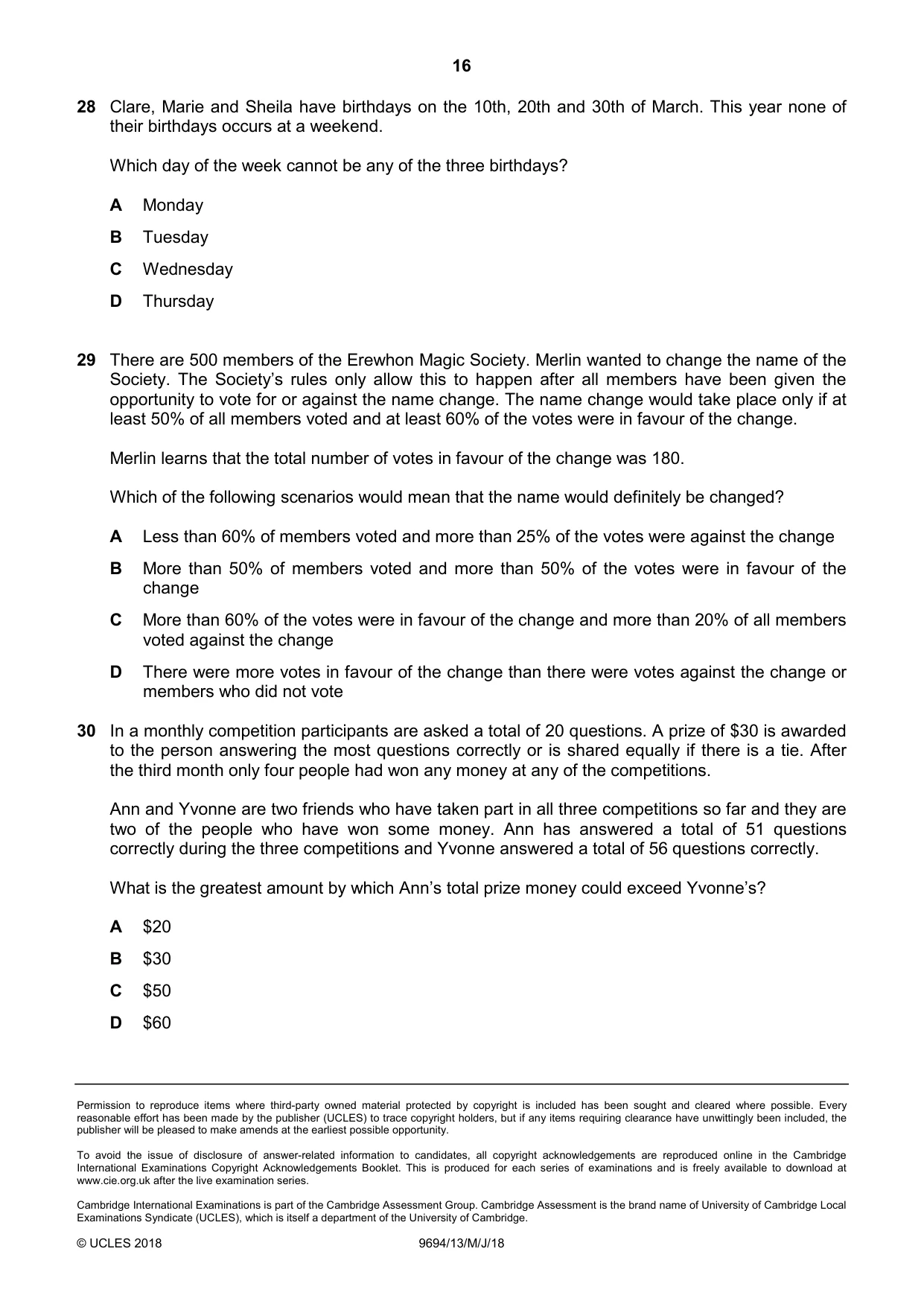 Cambridge A Level Thinking Skills 9694 2018 May/June Paper 1 · Variant 3 question paper, page 16 of 16