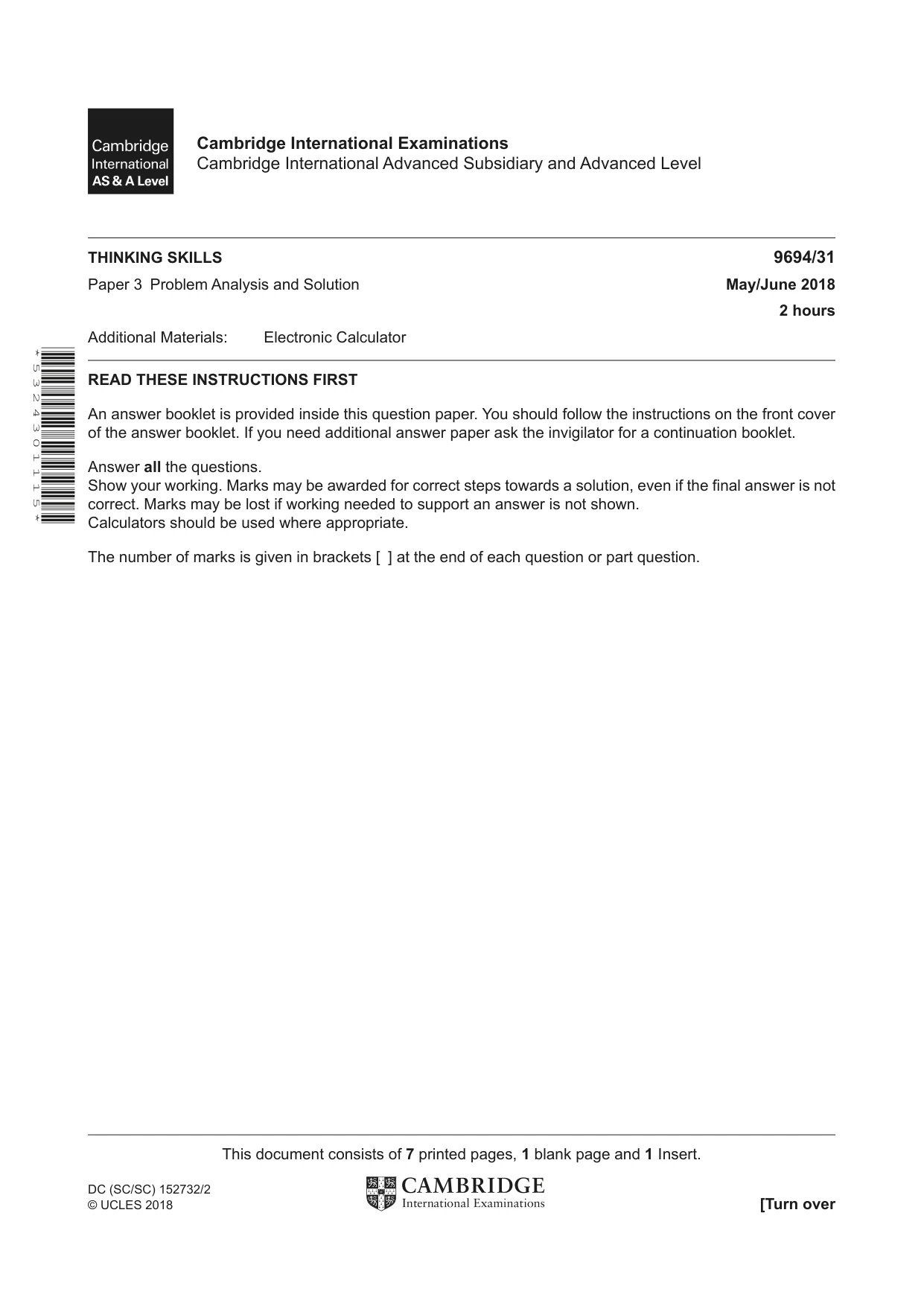 Cambridge A Level Thinking Skills 9694 2018 May/June Paper 3 · Variant 1 question paper, page 1 of 8