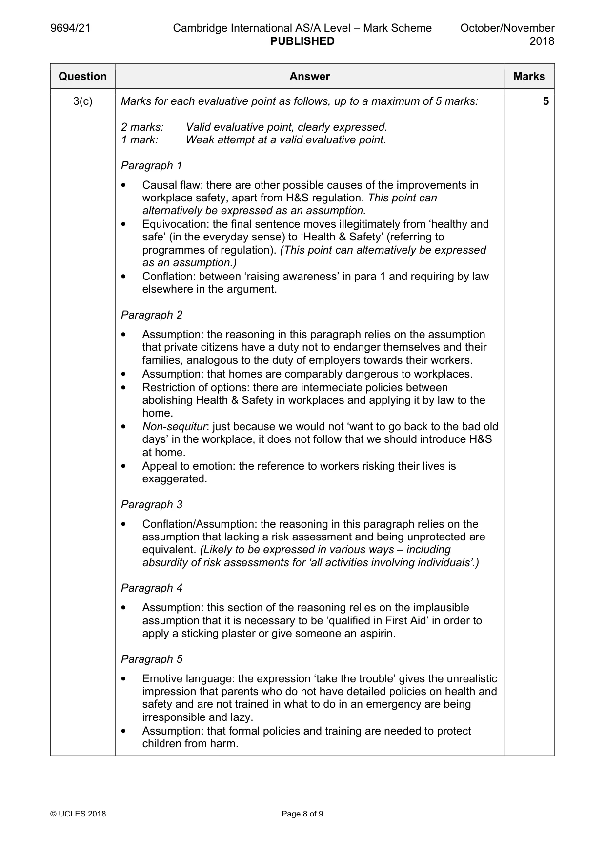 Mark scheme, page 8 of 9
