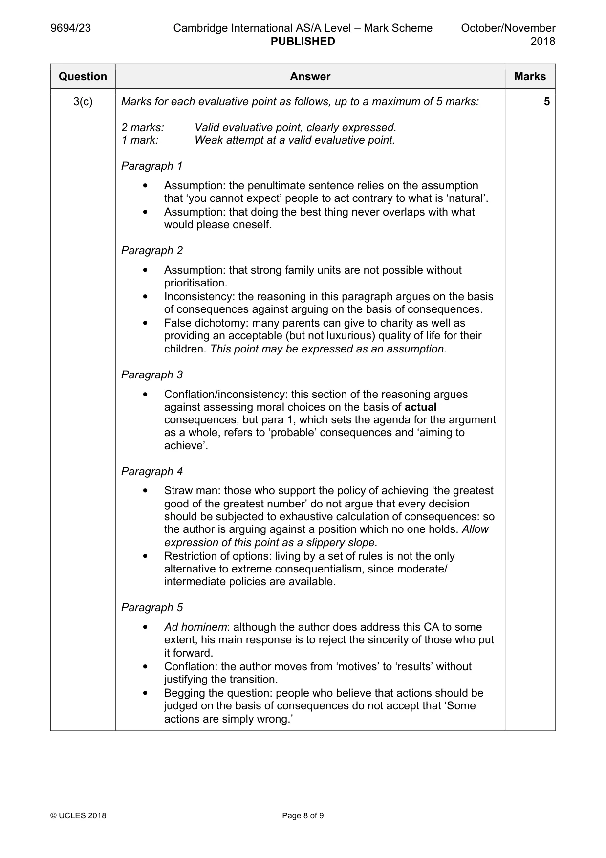 Mark scheme, page 8 of 9