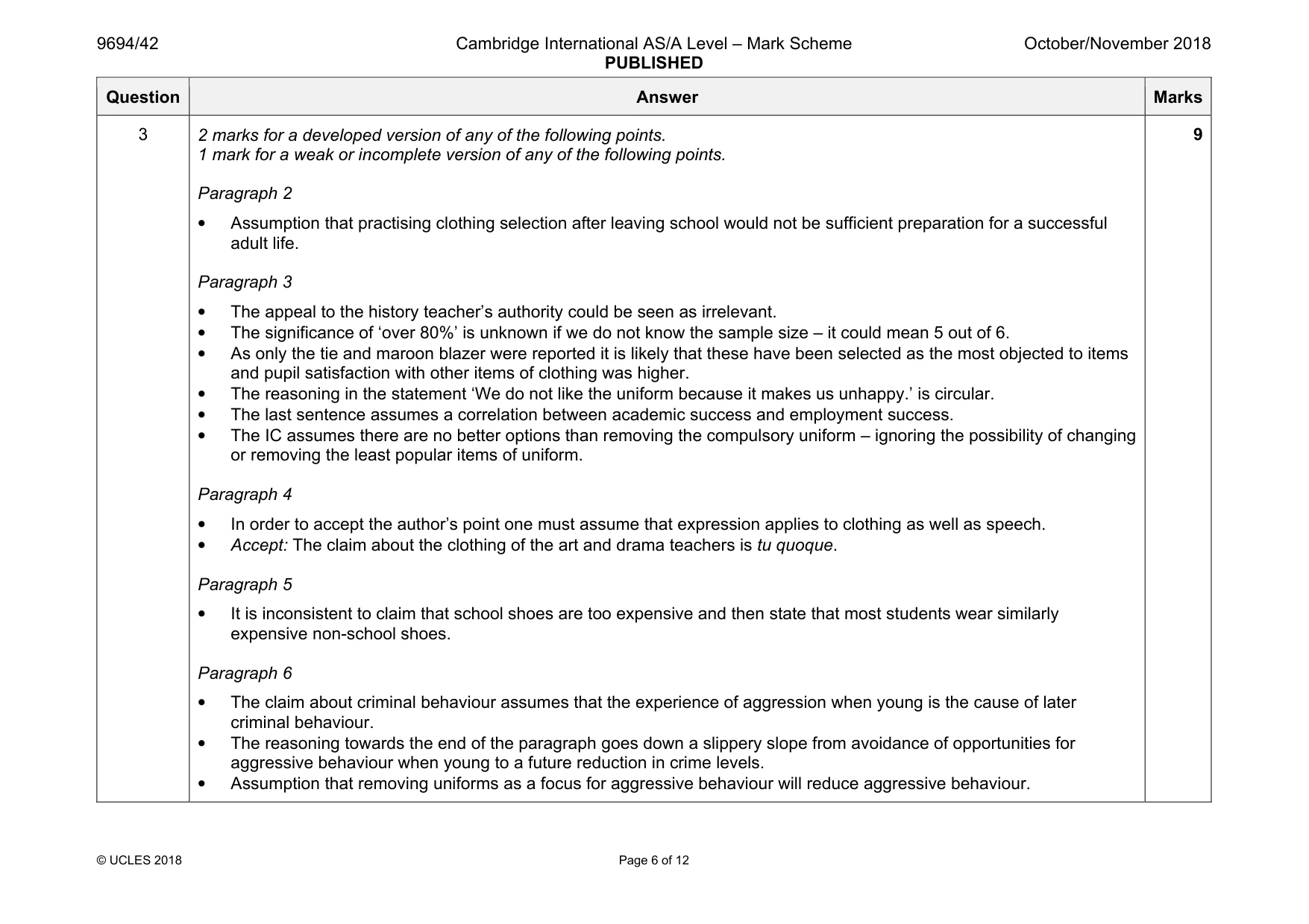 Mark scheme, page 6 of 12