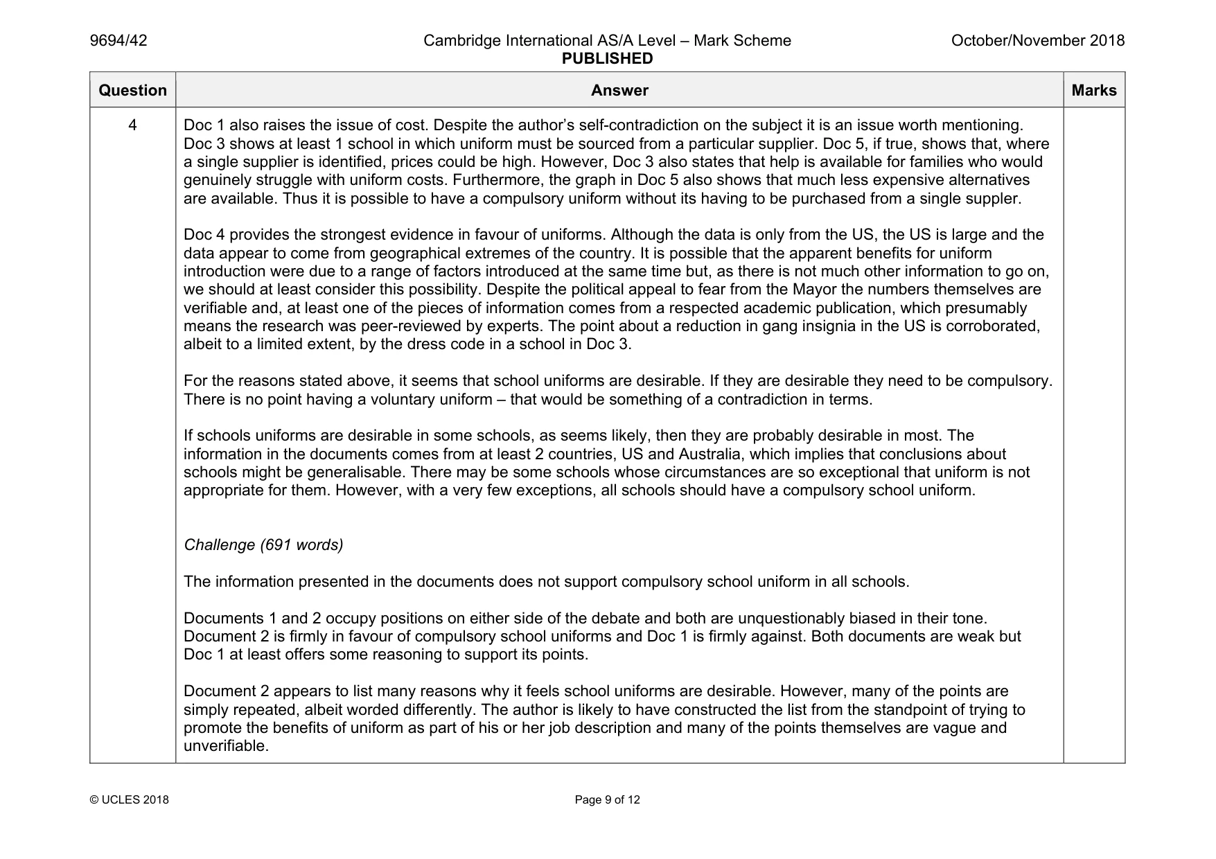 Mark scheme, page 9 of 12