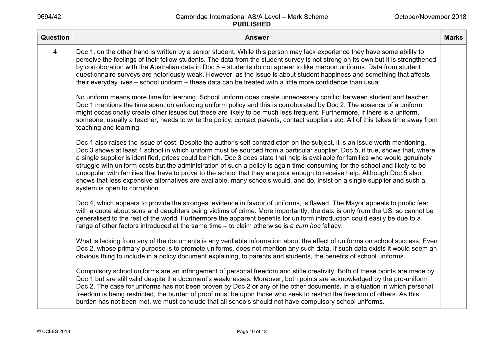 Mark scheme, page 10 of 12