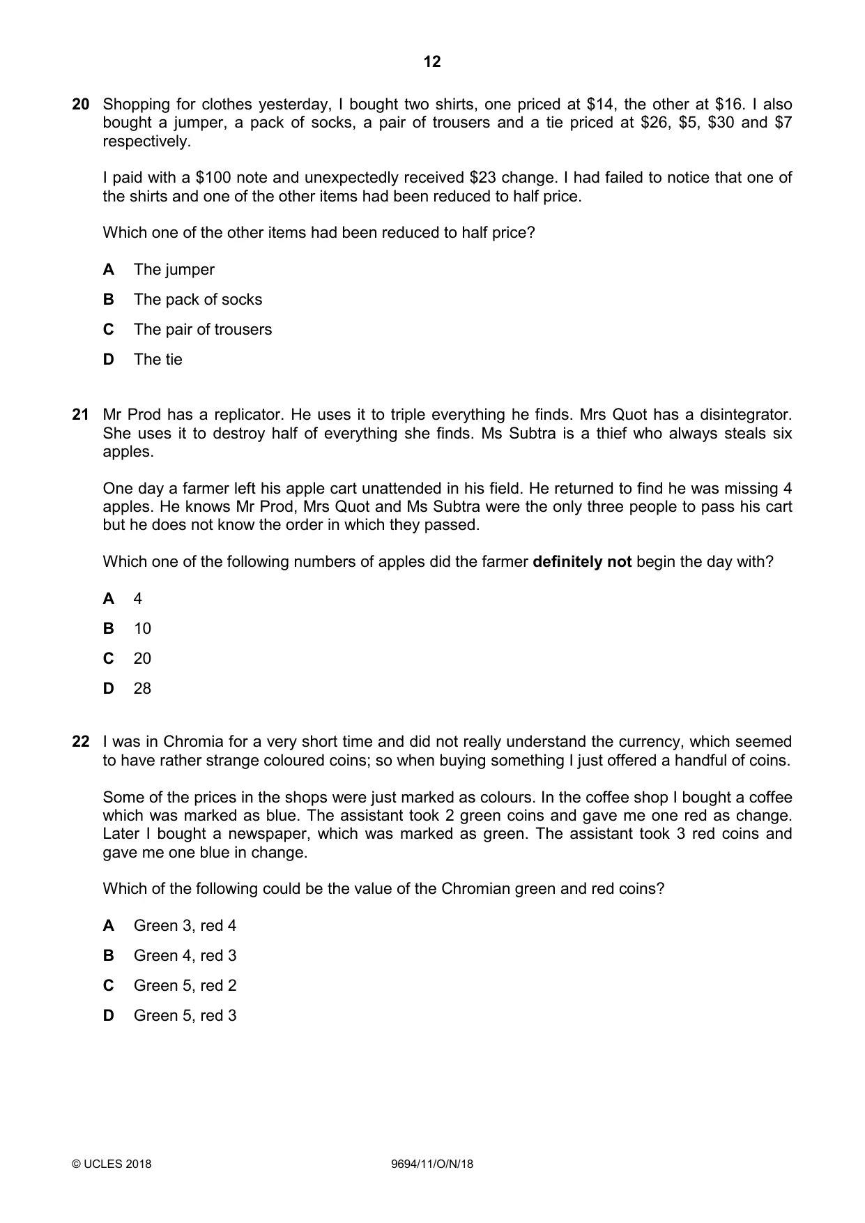 Cambridge A Level Thinking Skills 9694 2018 Oct/Nov Paper 1 · Variant 1 question paper, page 12 of 16
