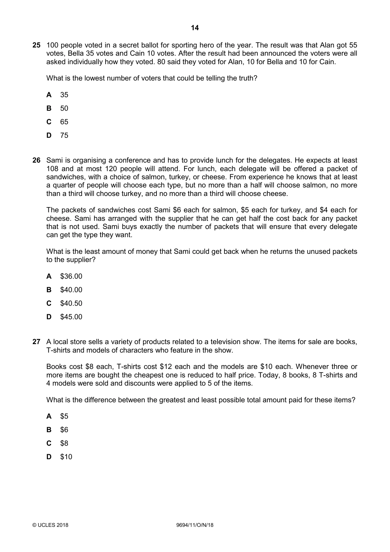 Cambridge A Level Thinking Skills 9694 2018 Oct/Nov Paper 1 · Variant 1 question paper, page 14 of 16