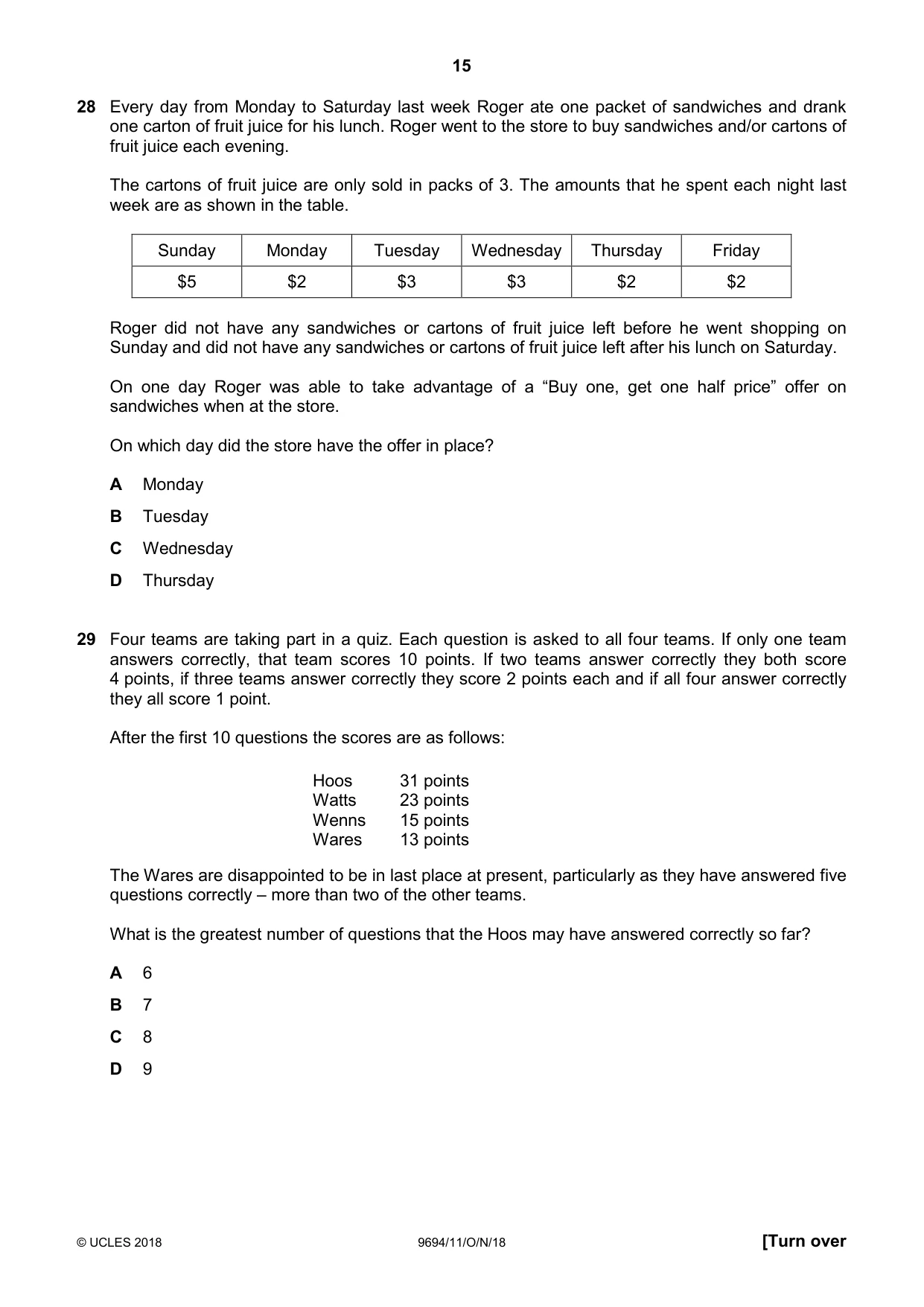 Cambridge A Level Thinking Skills 9694 2018 Oct/Nov Paper 1 · Variant 1 question paper, page 15 of 16