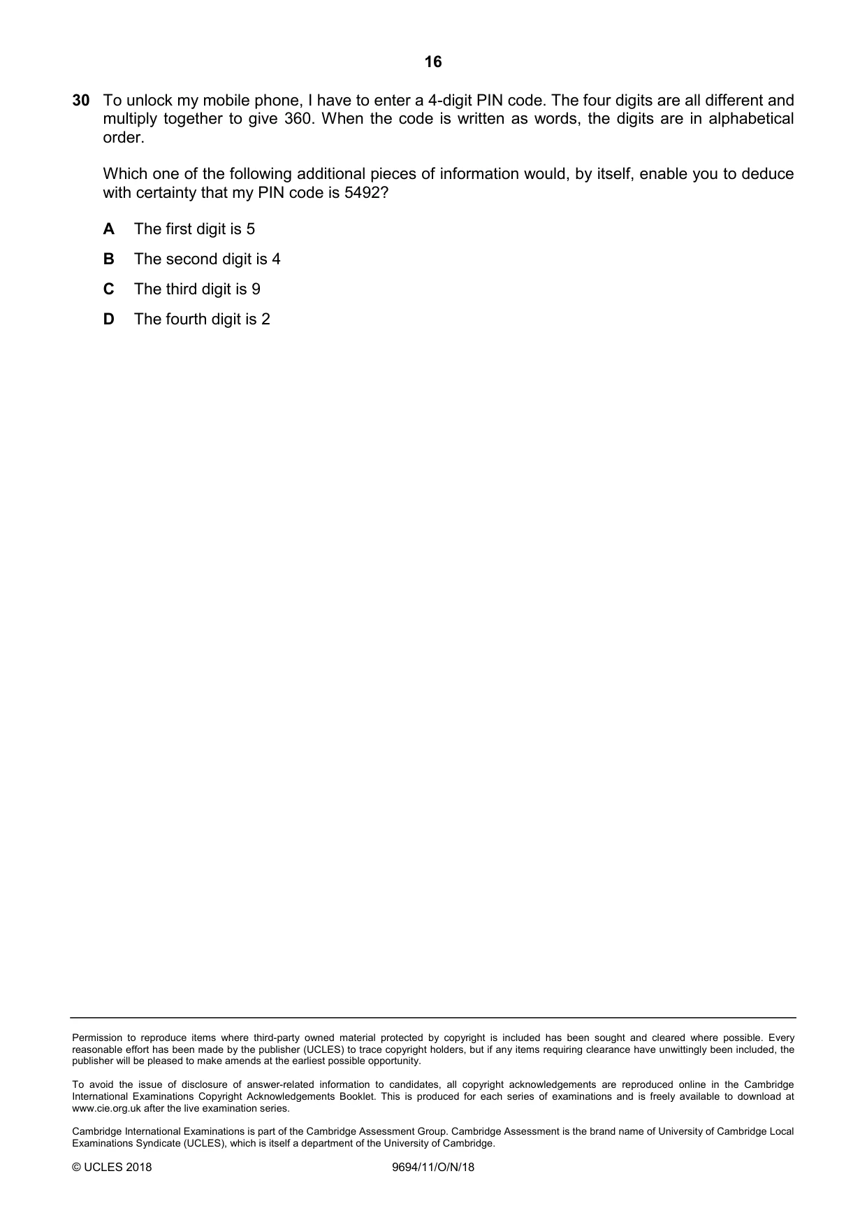 Cambridge A Level Thinking Skills 9694 2018 Oct/Nov Paper 1 · Variant 1 question paper, page 16 of 16
