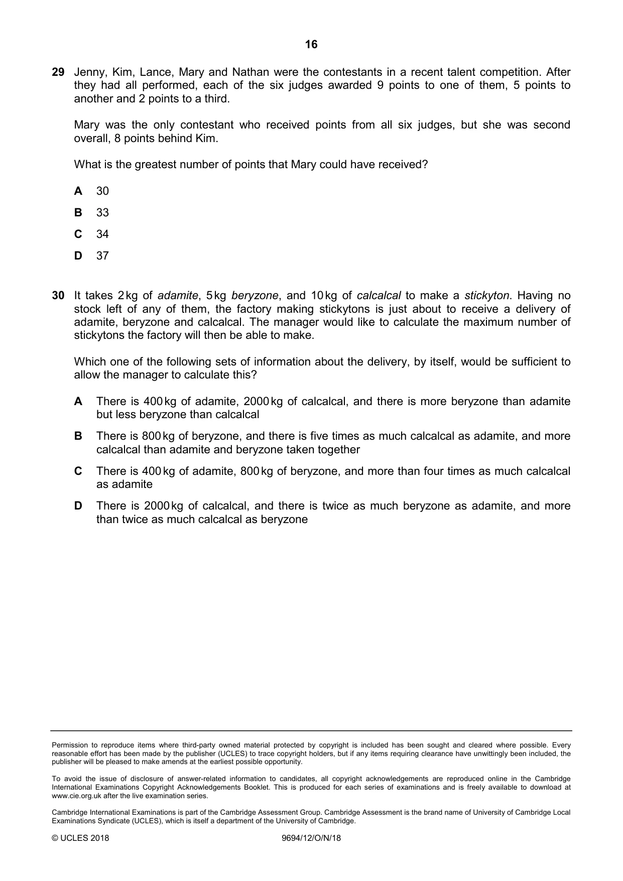 Cambridge A Level Thinking Skills 9694 2018 Oct/Nov Paper 1 · Variant 2 question paper, page 16 of 16