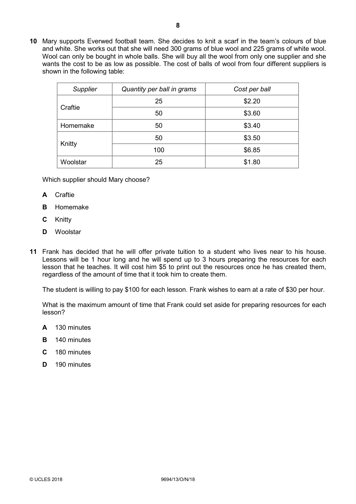 Cambridge A Level Thinking Skills 9694 2018 Oct/Nov Paper 1 · Variant 3 question paper, page 8 of 20