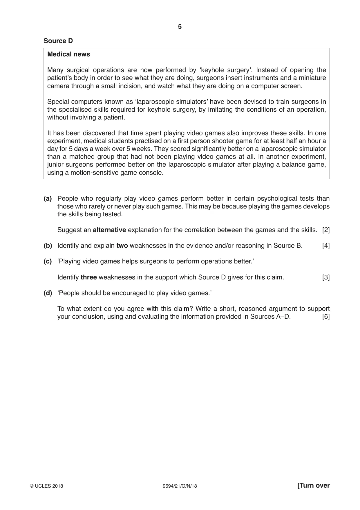 Cambridge A Level Thinking Skills 9694 2018 Oct/Nov Paper 2 · Variant 1 question paper, page 5 of 8